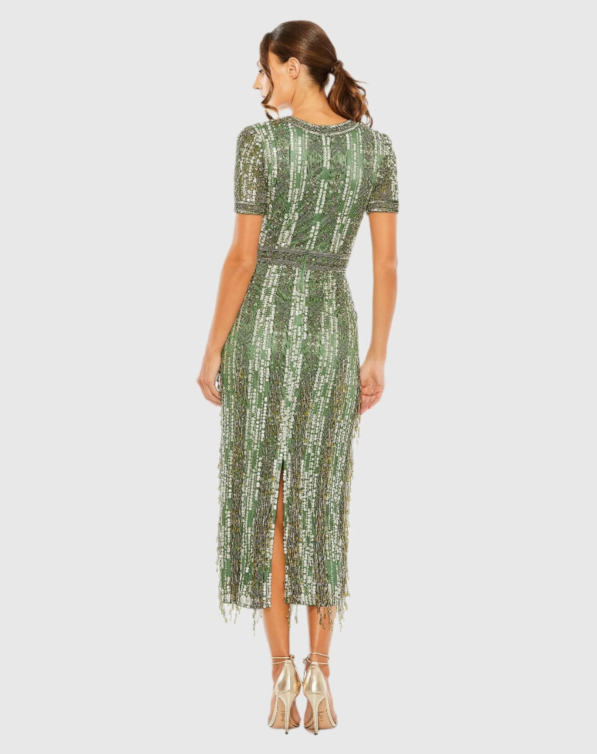 Green High Neck Short Sleeve Crystal Fringe Column Dress Green High Neck Short Sleeve Crystal Fringe Column Dress