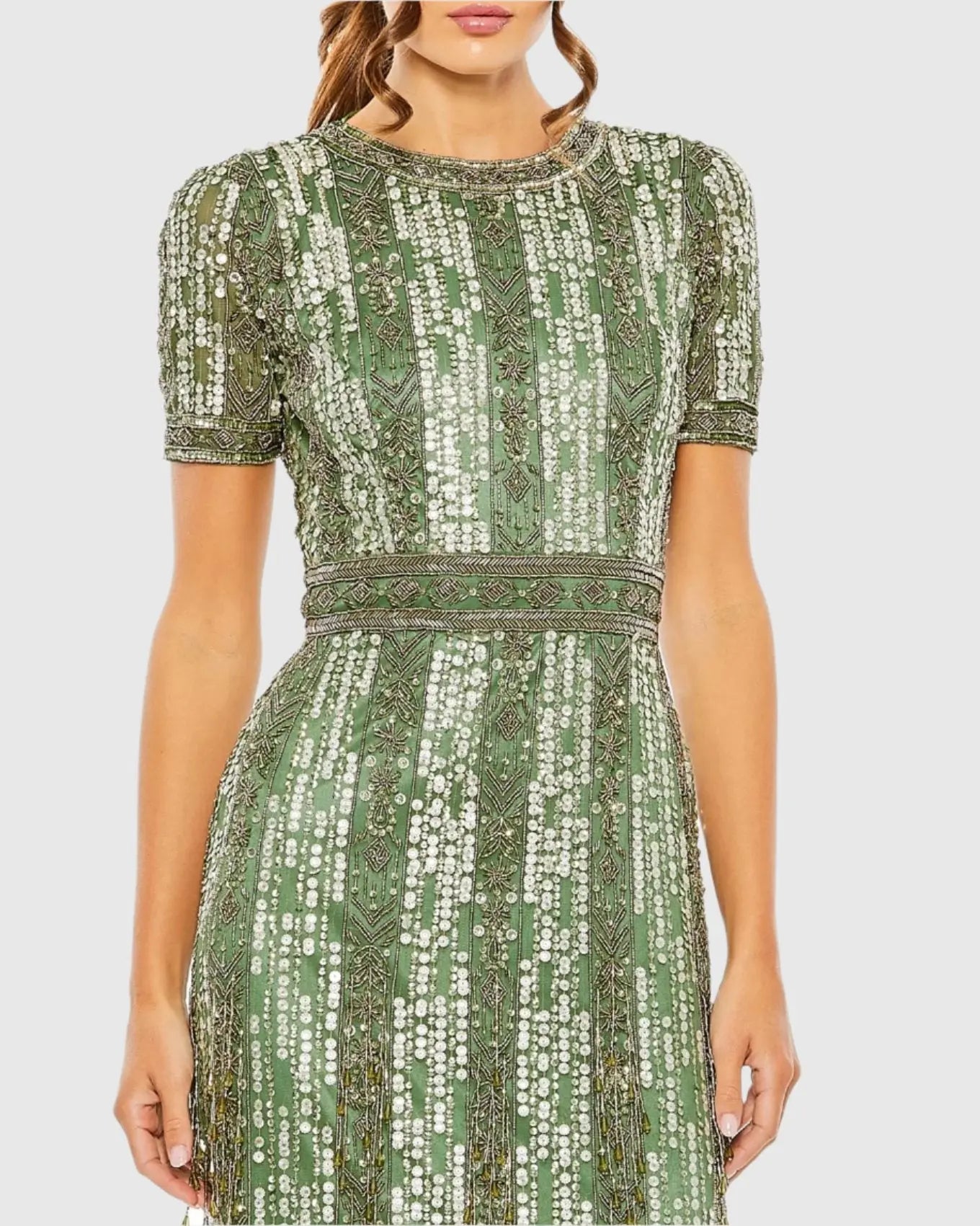 Green High Neck Short Sleeve Crystal Fringe Sheath Dress - Mac Duggal