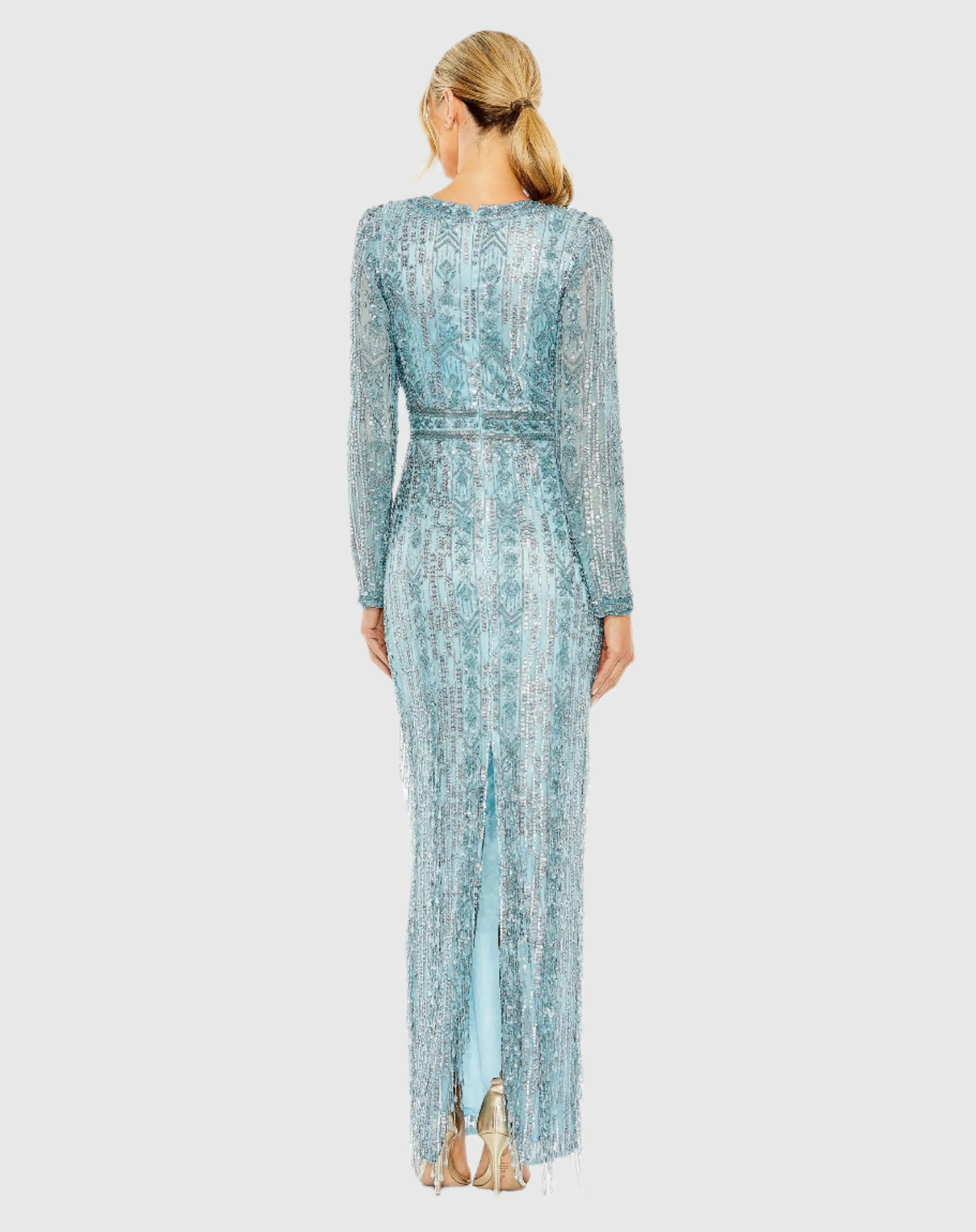 Blue Long Sleeve Beaded Gown with Crystal Fringe | Mac Duggal Blue Long Sleeve Beaded Gown with Crystal Fringe | Mac Duggal