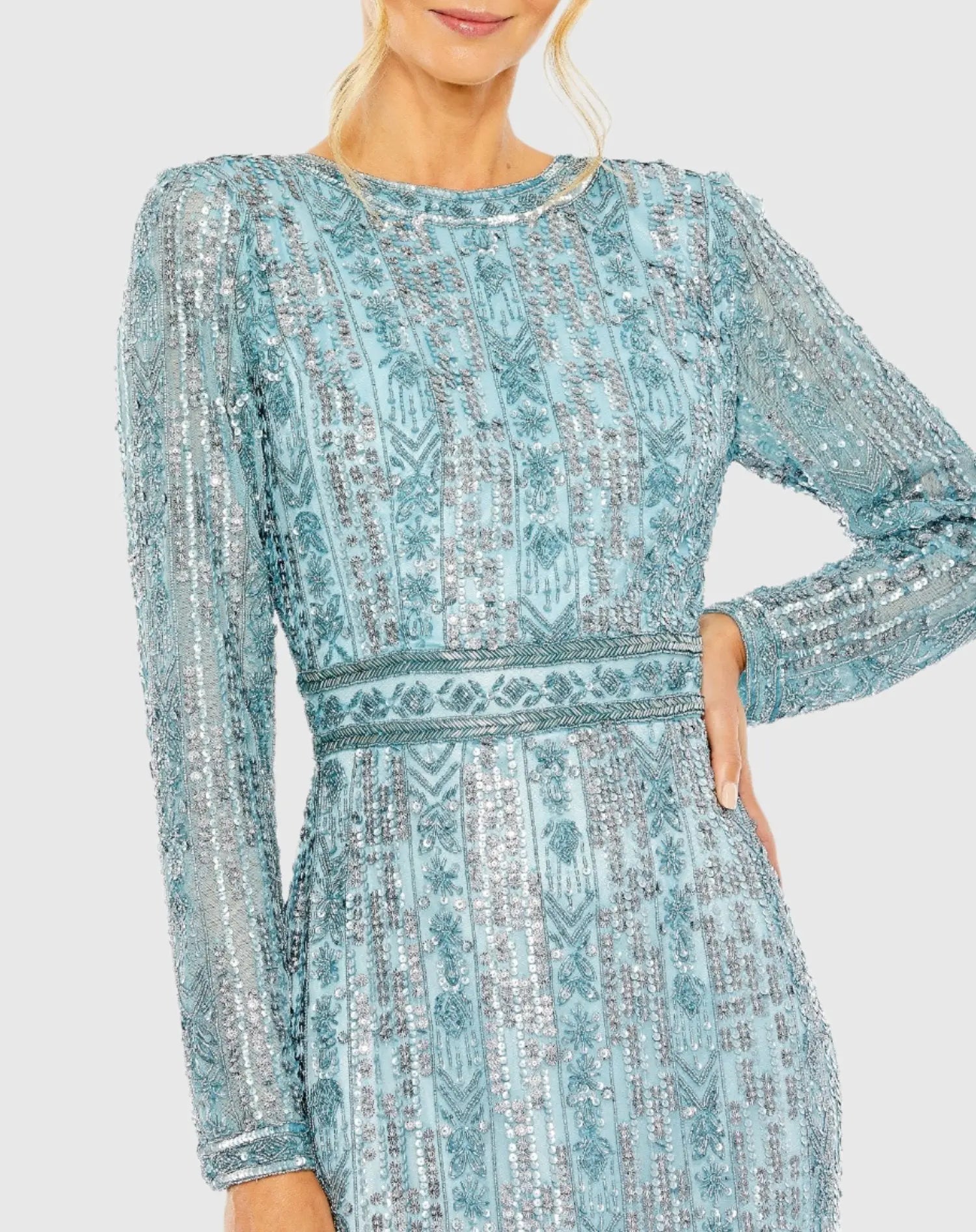 hand beaded ankle length dress in french blue Adrianna Papell Beaded Floral Godet Gown