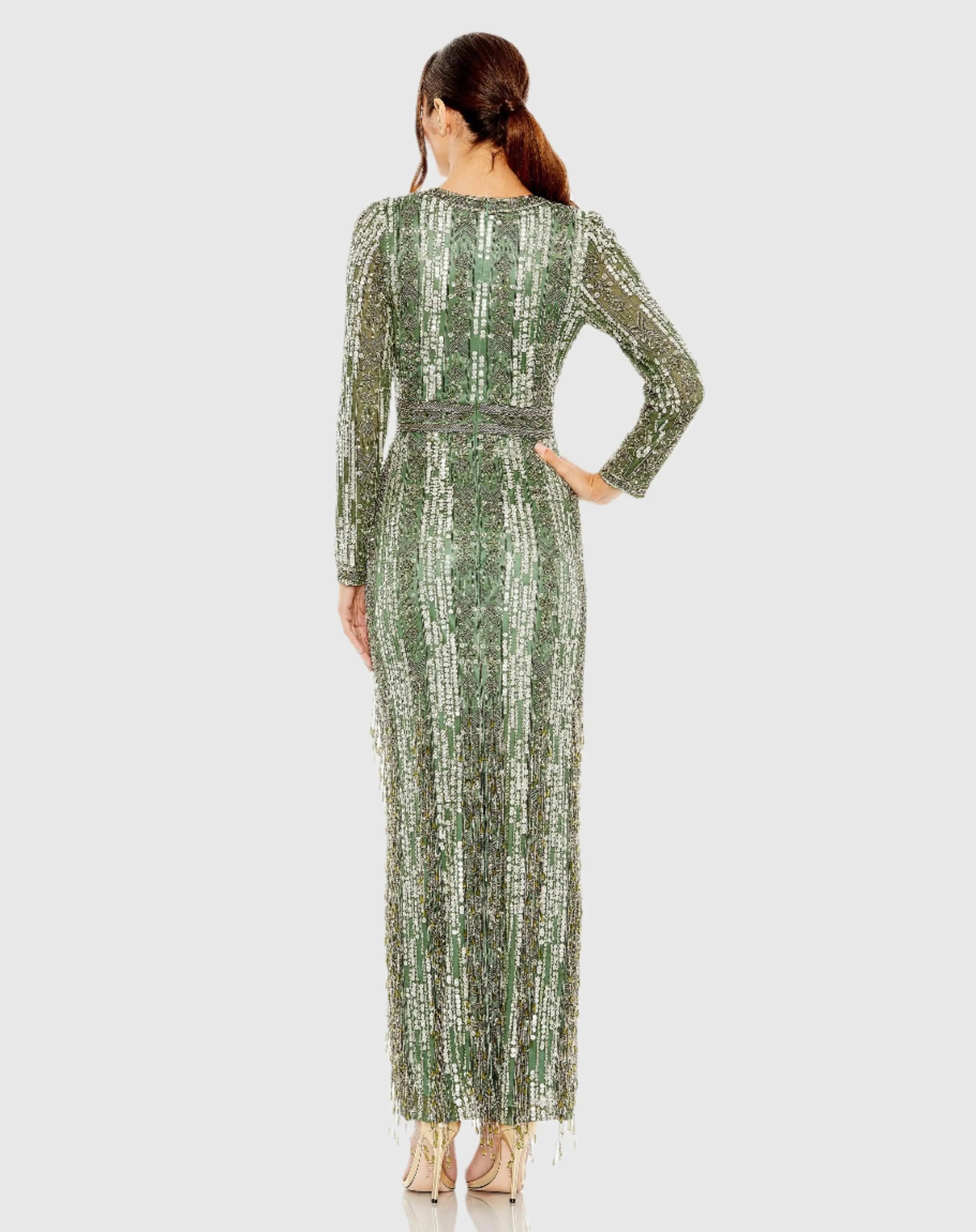 Green Long Sleeve Beaded Gown with Crystal Fringe | Mac Duggal Green Long Sleeve Beaded Gown with Crystal Fringe | Mac Duggal