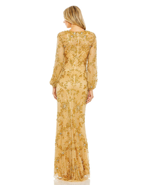 Puff Long Sleeve Embellished Column Gown | Sample | Sz. 2