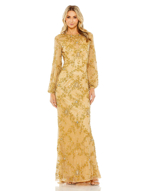 Puff Long Sleeve Embellished Column Gown | Sample | Sz. 2