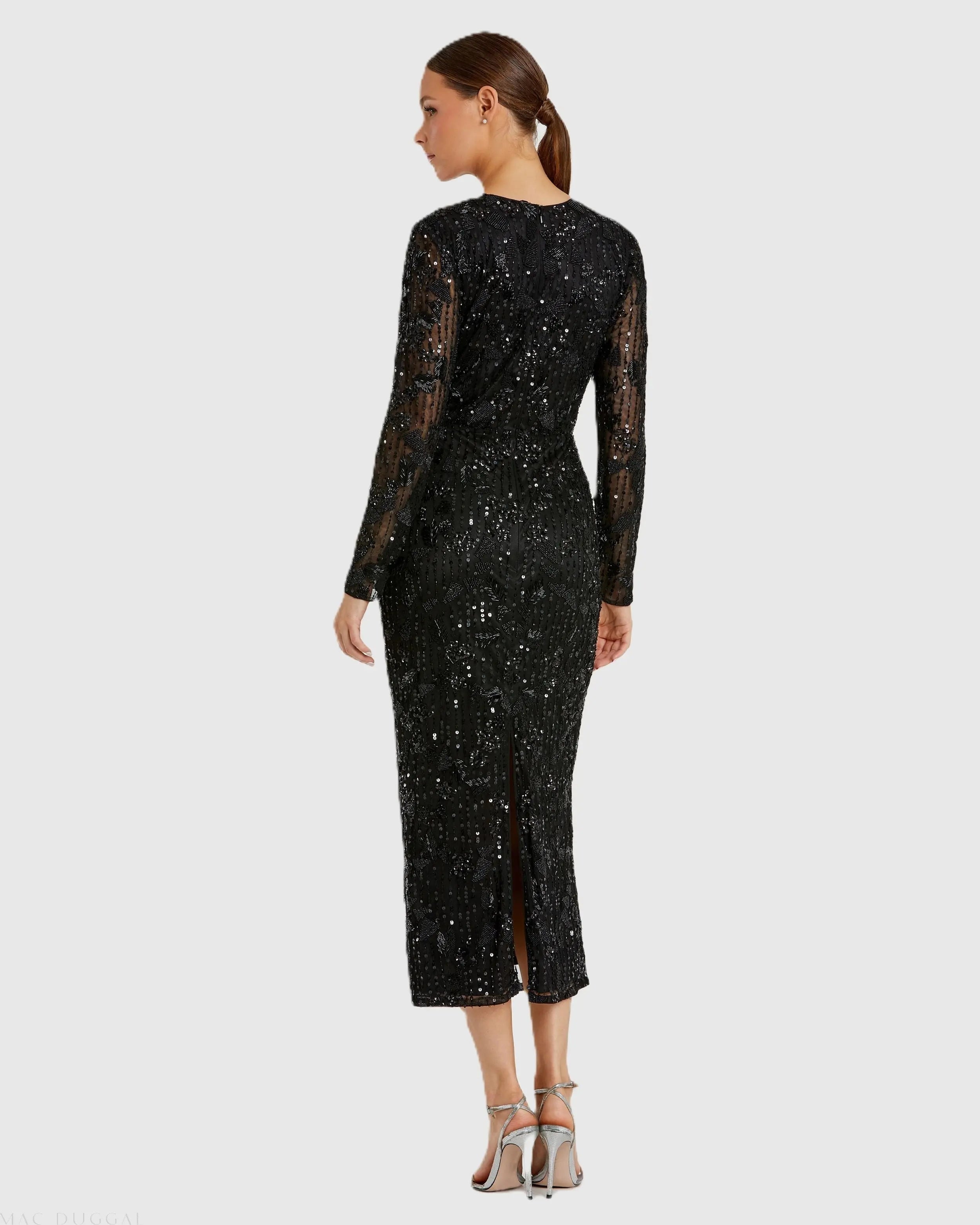 Black High Neck Long Sleeve Embellished Dress - Mac Duggal