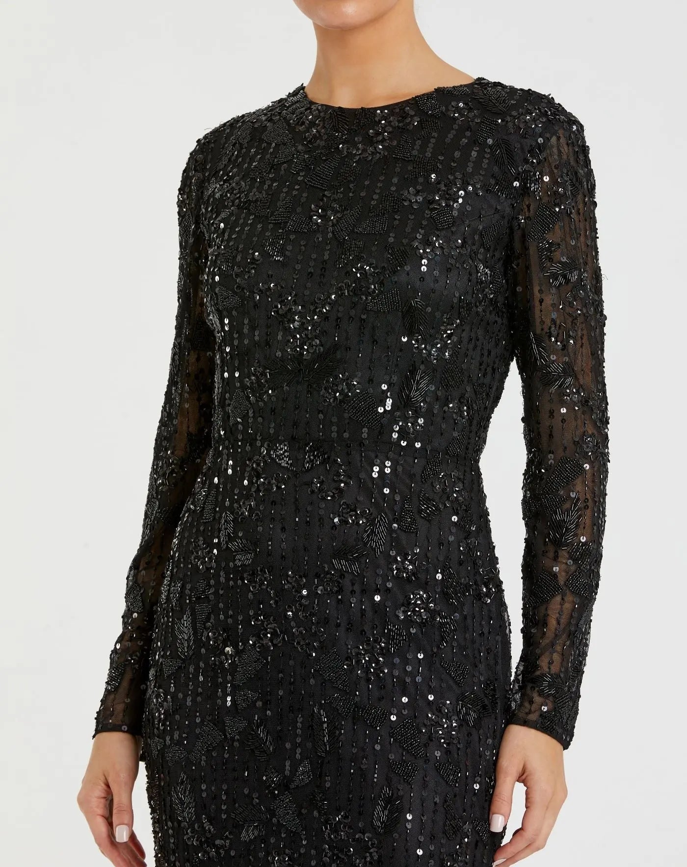 Black High Neck Long Sleeve Embellished Dress - Mac Duggal