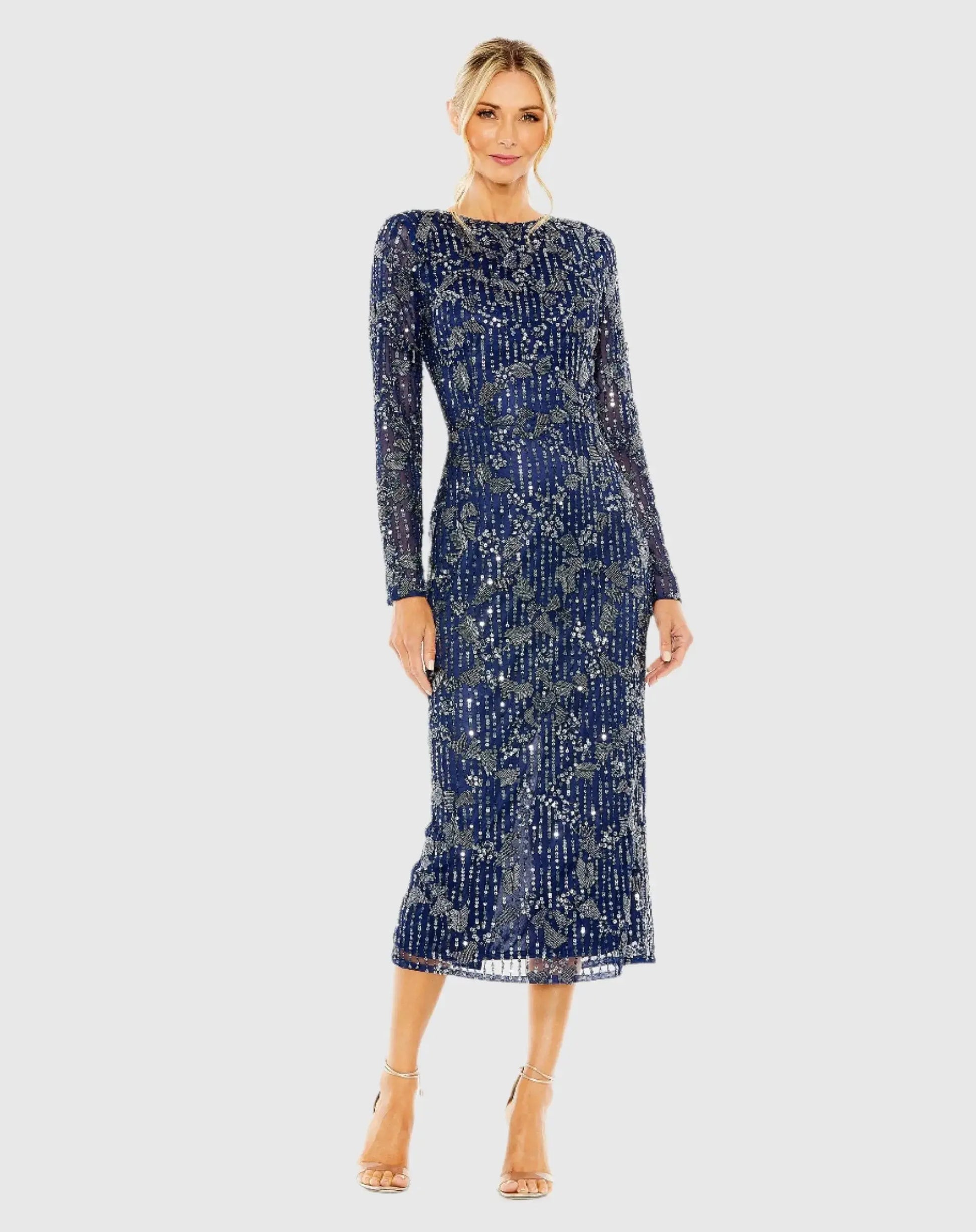 Navy High Neck Long Sleeve Embellished Dress - Mac Duggal