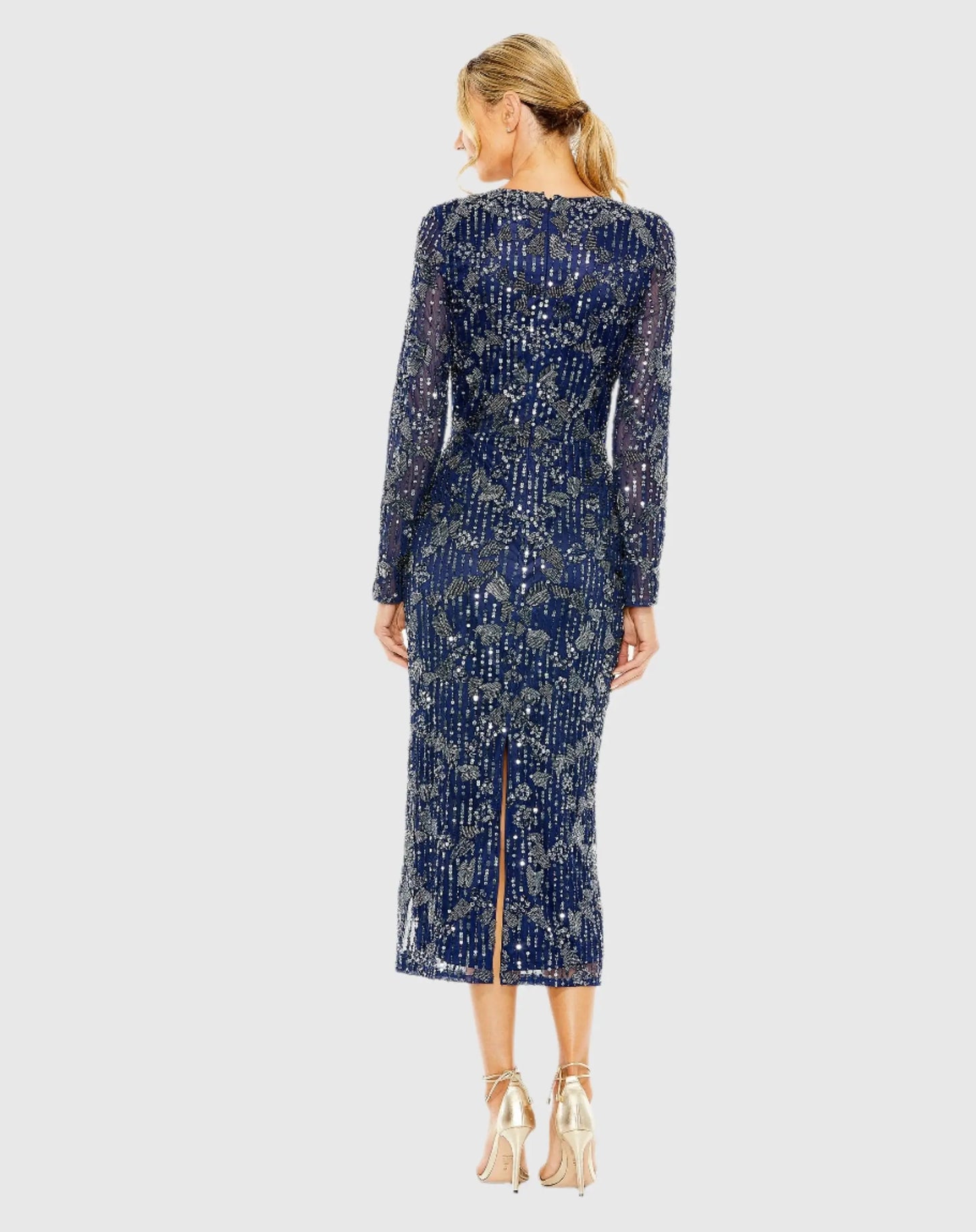 Navy High Neck Long Sleeve Embellished Dress - Mac Duggal