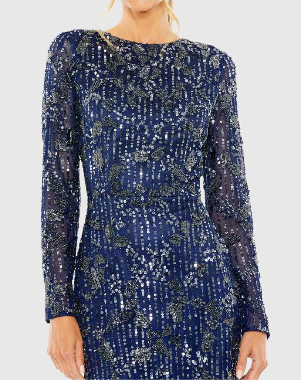 Navy High Neck Long Sleeve Embellished Dress - Mac Duggal
