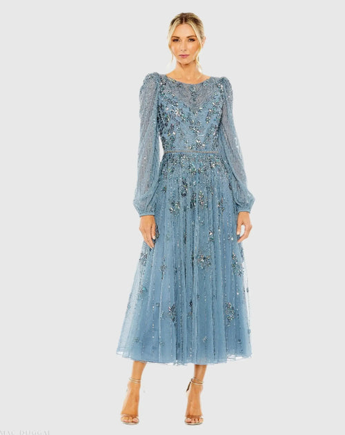 Blue Floral Embellished High Neck Puff Long Sleeve A Line Midi Dress - Mac Duggal