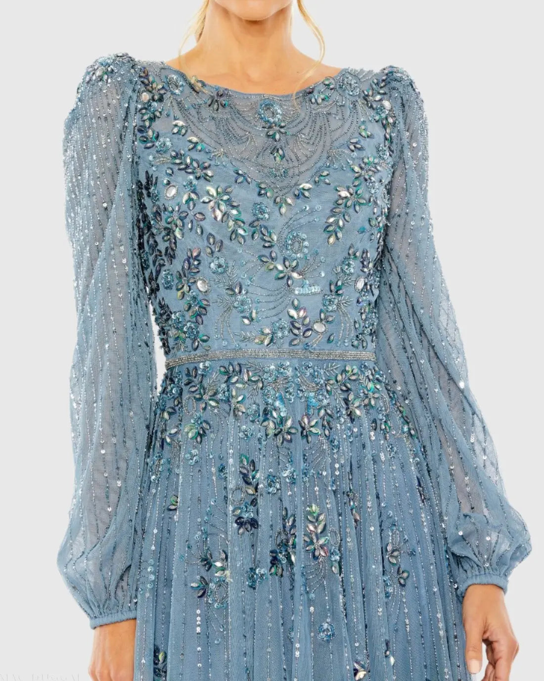 Blue Floral Embellished High Neck Puff Long Sleeve A Line Midi Dress - Mac Duggal