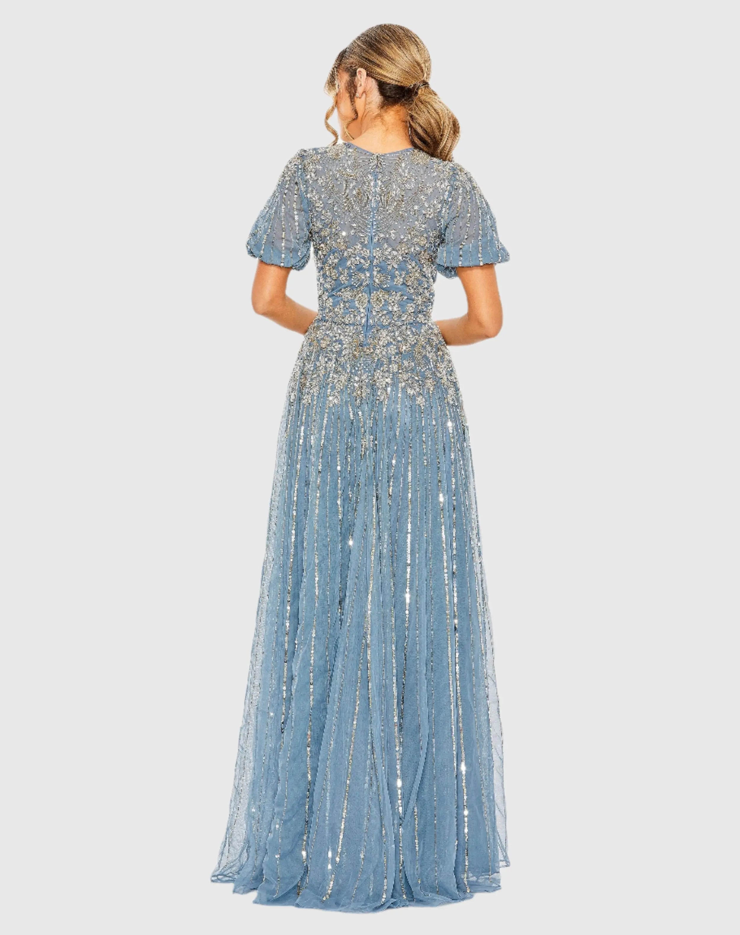 Blue High Neck Puff Sleeve Embellished A Line Gown - Mac Duggal