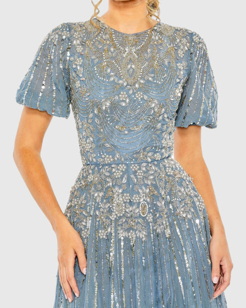 Blue High Neck Puff Sleeve Embellished A Line Gown - Mac Duggal