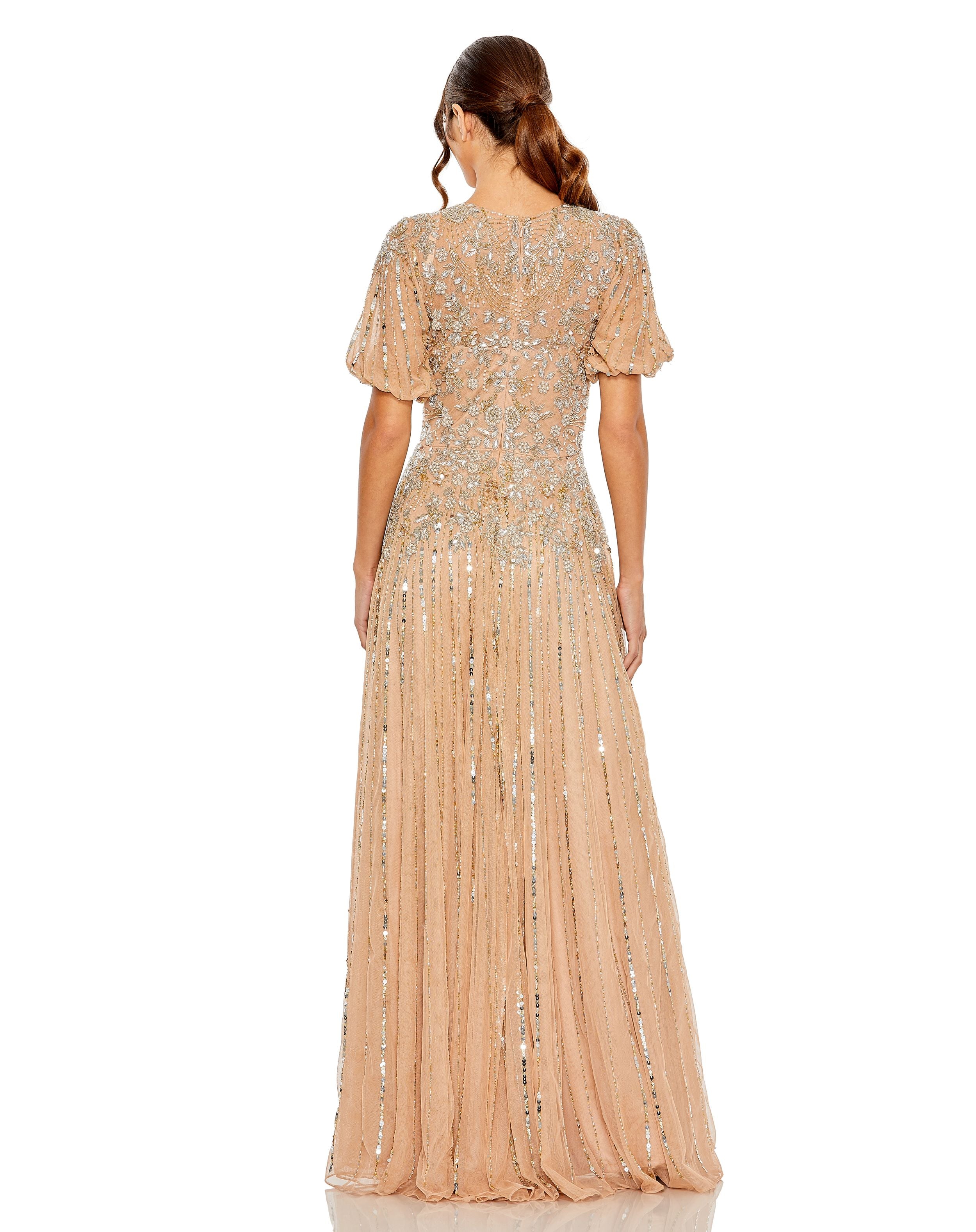 High Neck Puff Sleeve Embellished A Line Gown
