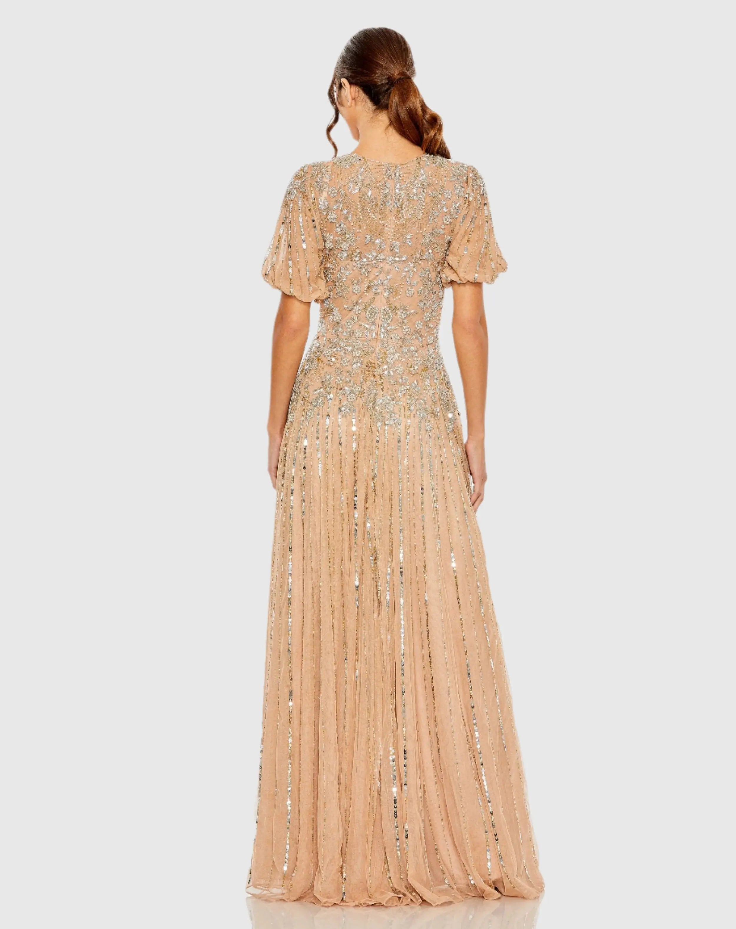 Beige High Neck Puff Sleeve Embellished A Line Gown - Mac Duggal