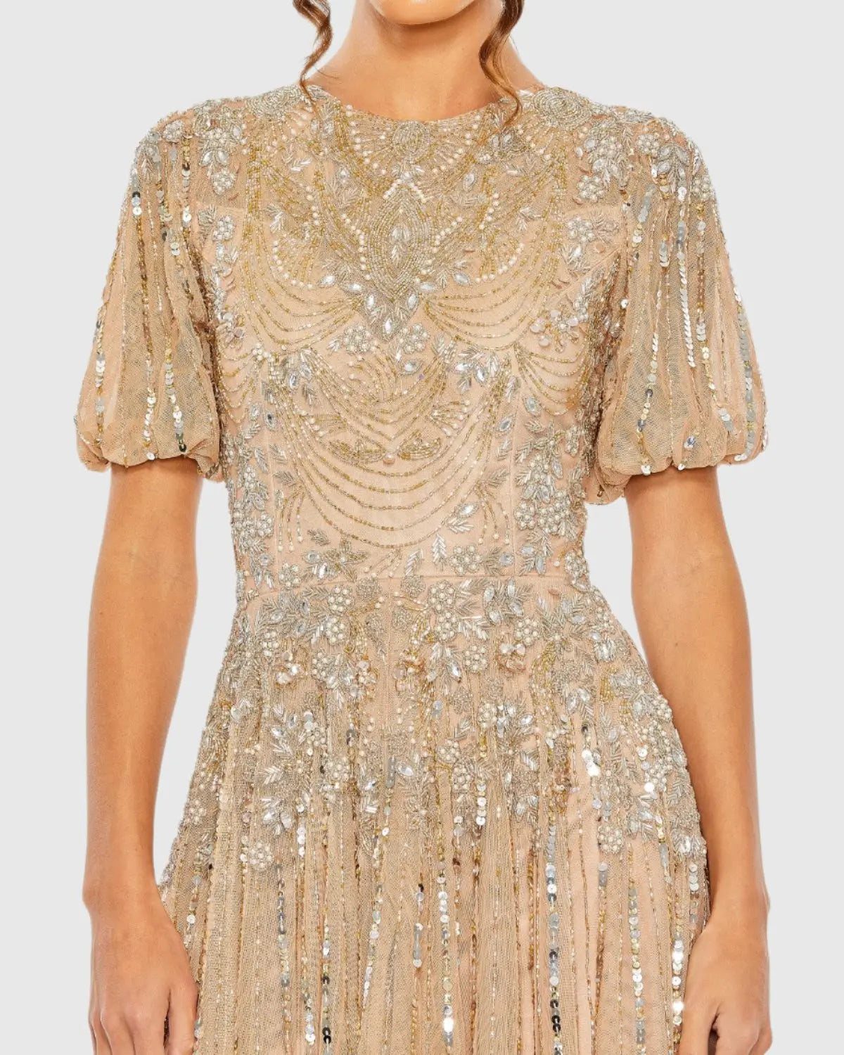 Beige High Neck Puff Sleeve Embellished A Line Gown - Mac Duggal