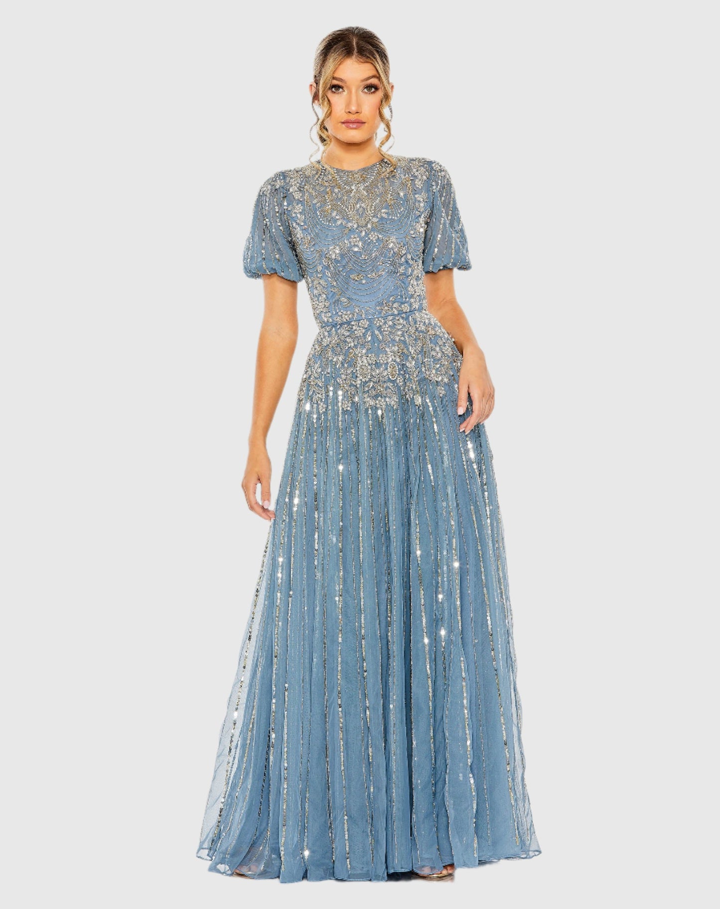 High Neck Puff Sleeve Embellished A Line Gown