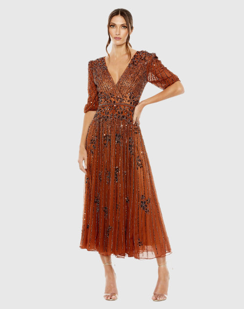 Orange Puff Quarter Length Sleeve V-Neck Dress - Mac Duggal