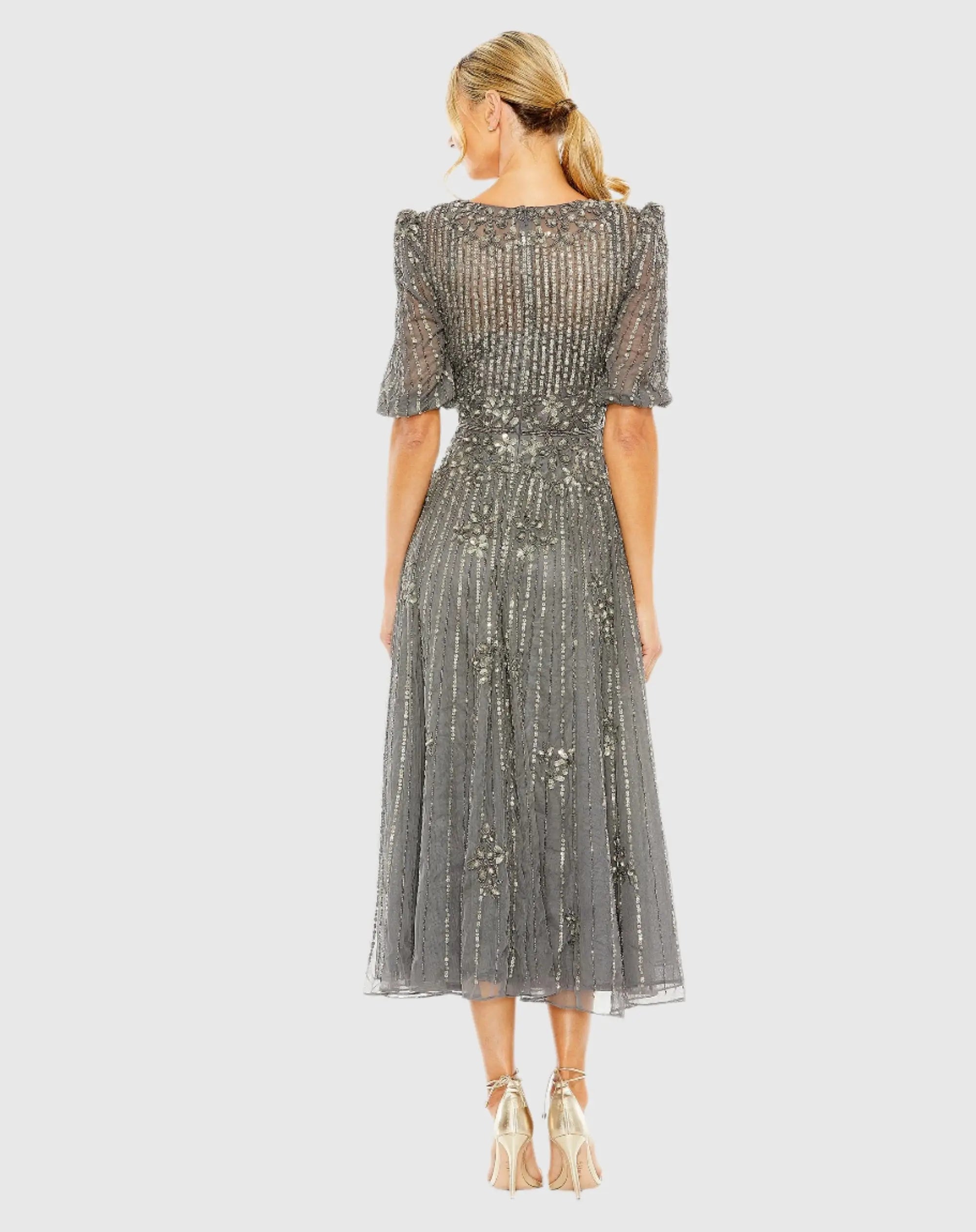 Puff Quarter Length Sleeve V-Neck Dress - Mac Duggal