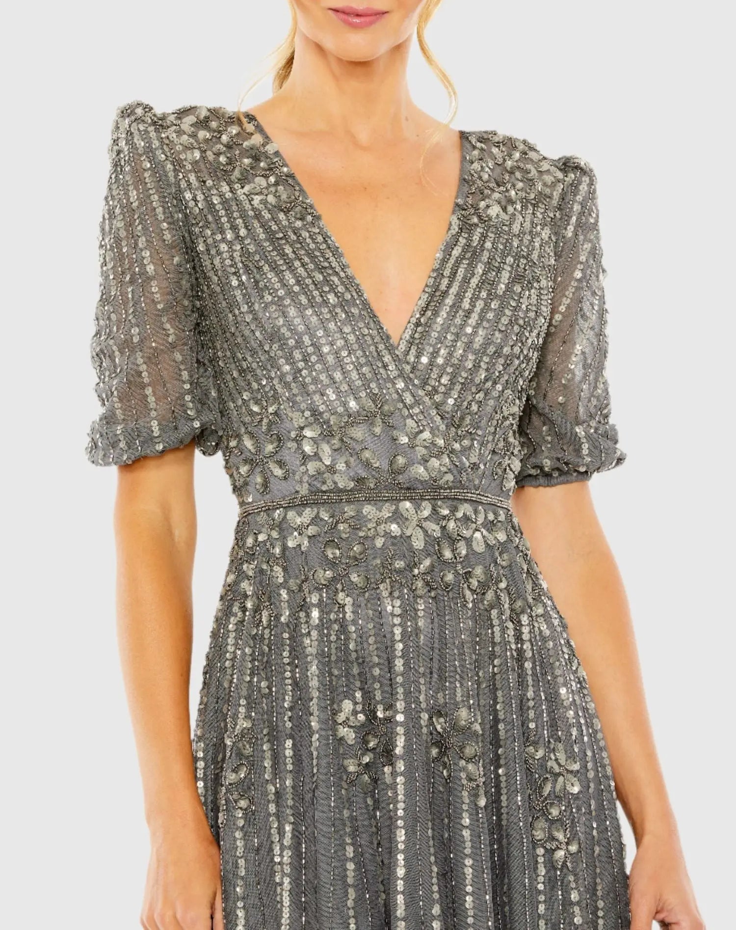 Puff Quarter Length Sleeve V-Neck Dress - Mac Duggal