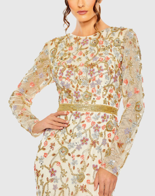 Long Sleeve Floral Embellished Gown