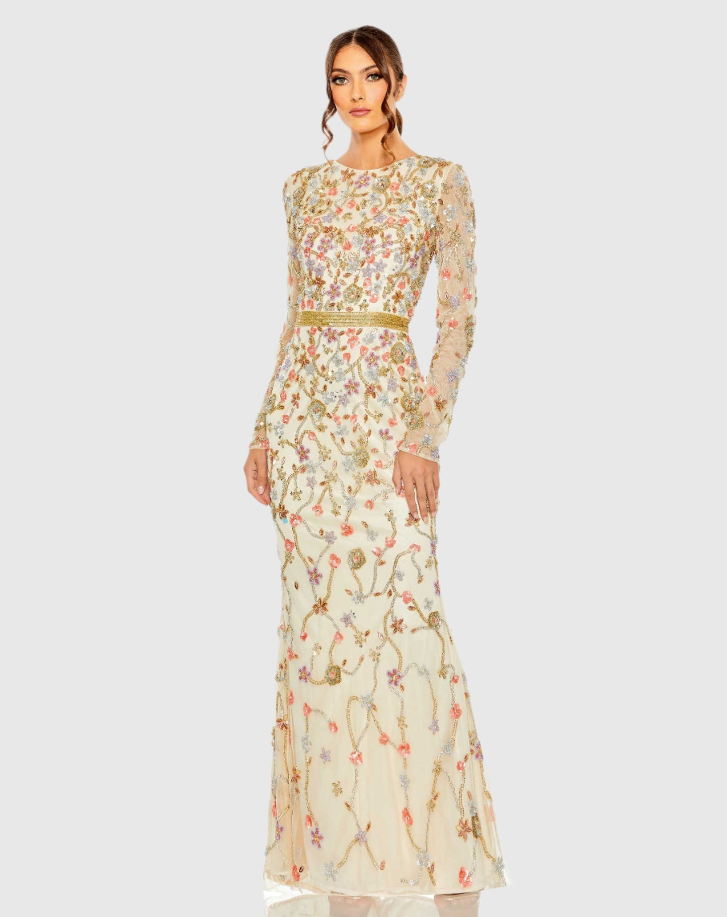 Long Sleeve Floral Embellished Gown