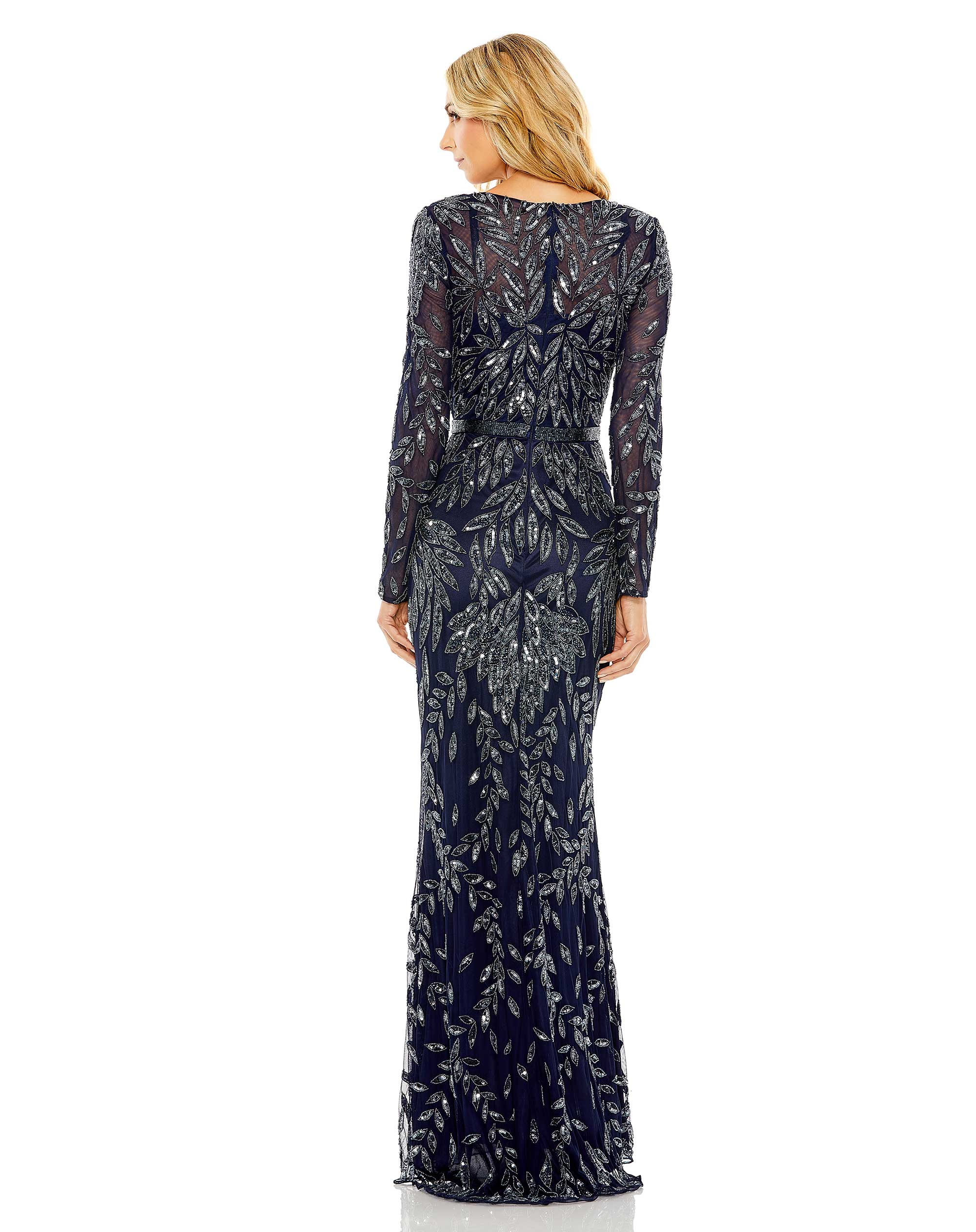 Long Sleeve Illusion Neckline Embellished Gown
