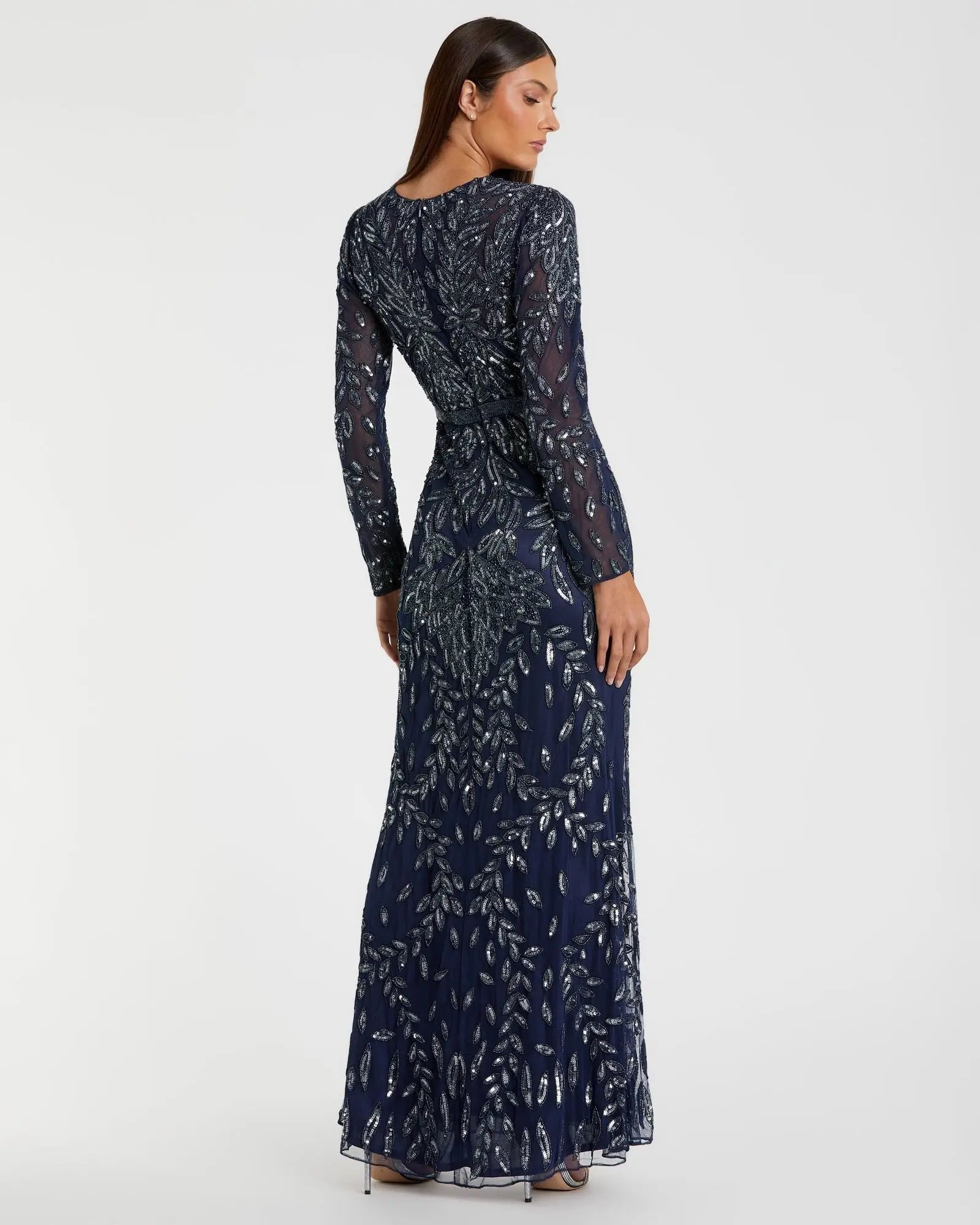 Navy Long Sleeve Illusion Neckline Embellished Gown - Mac Duggal