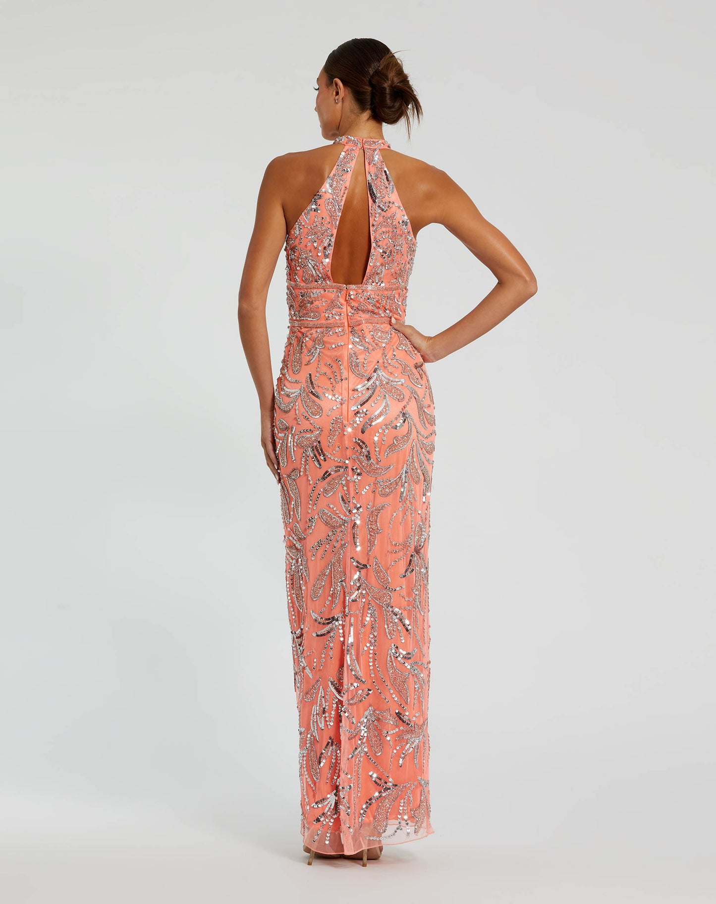 High Neck Embellished Mesh Gown With Slit