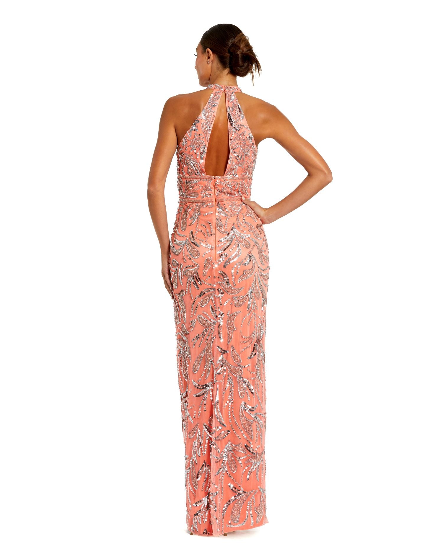 High Neck Embellished Mesh Gown With Slit