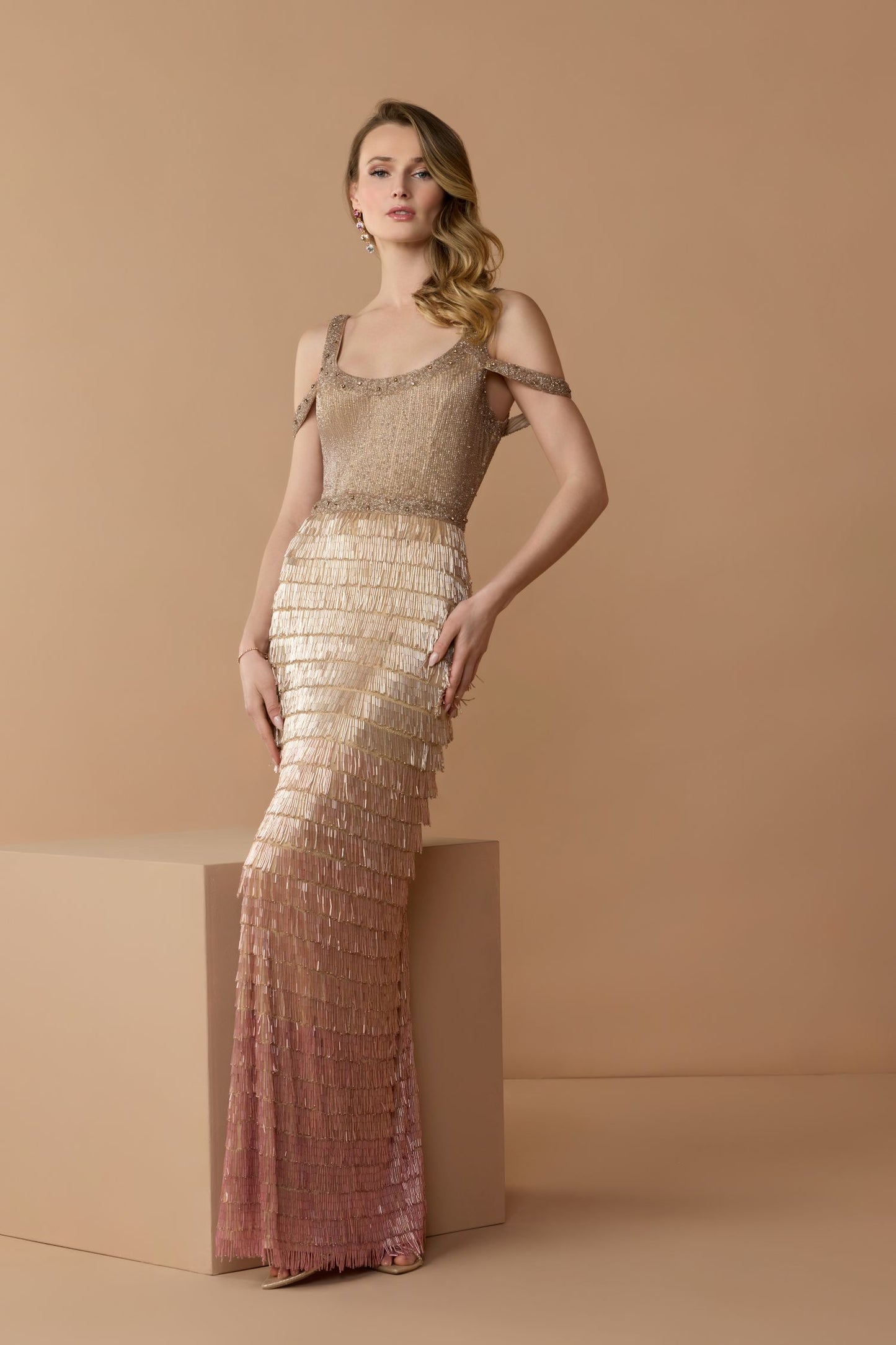 Pink Scoop Neck Embellished Fringe Gown