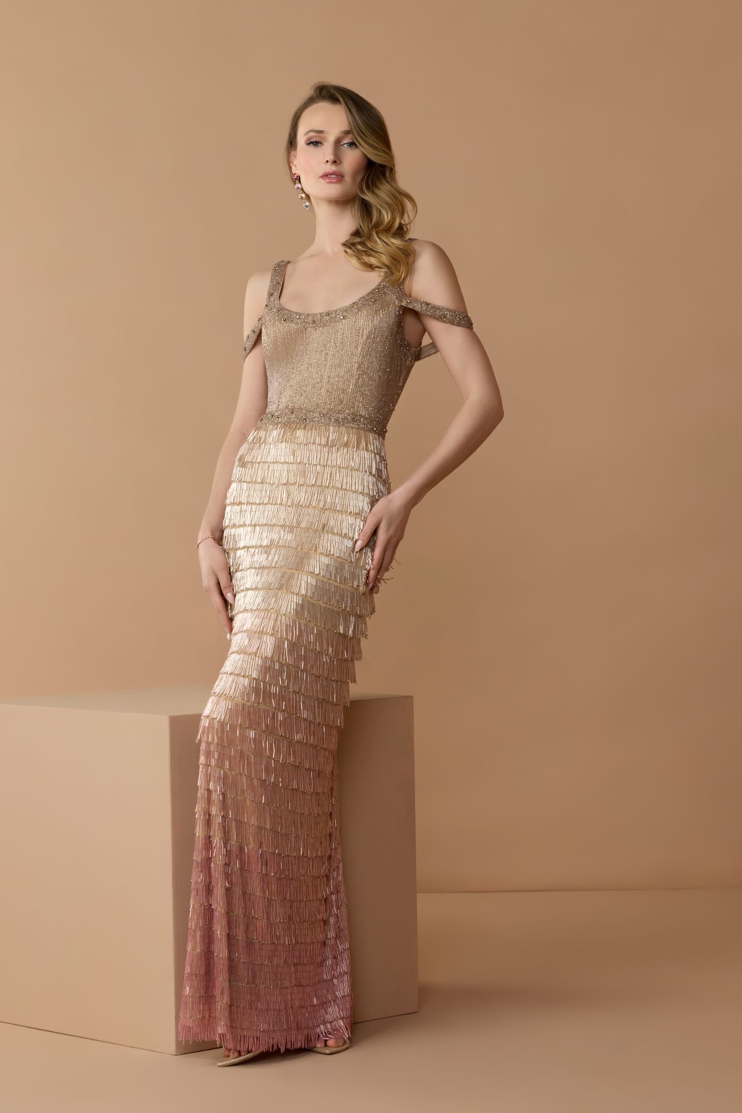 Pink Scoop Neck Embellished Fringe Gown