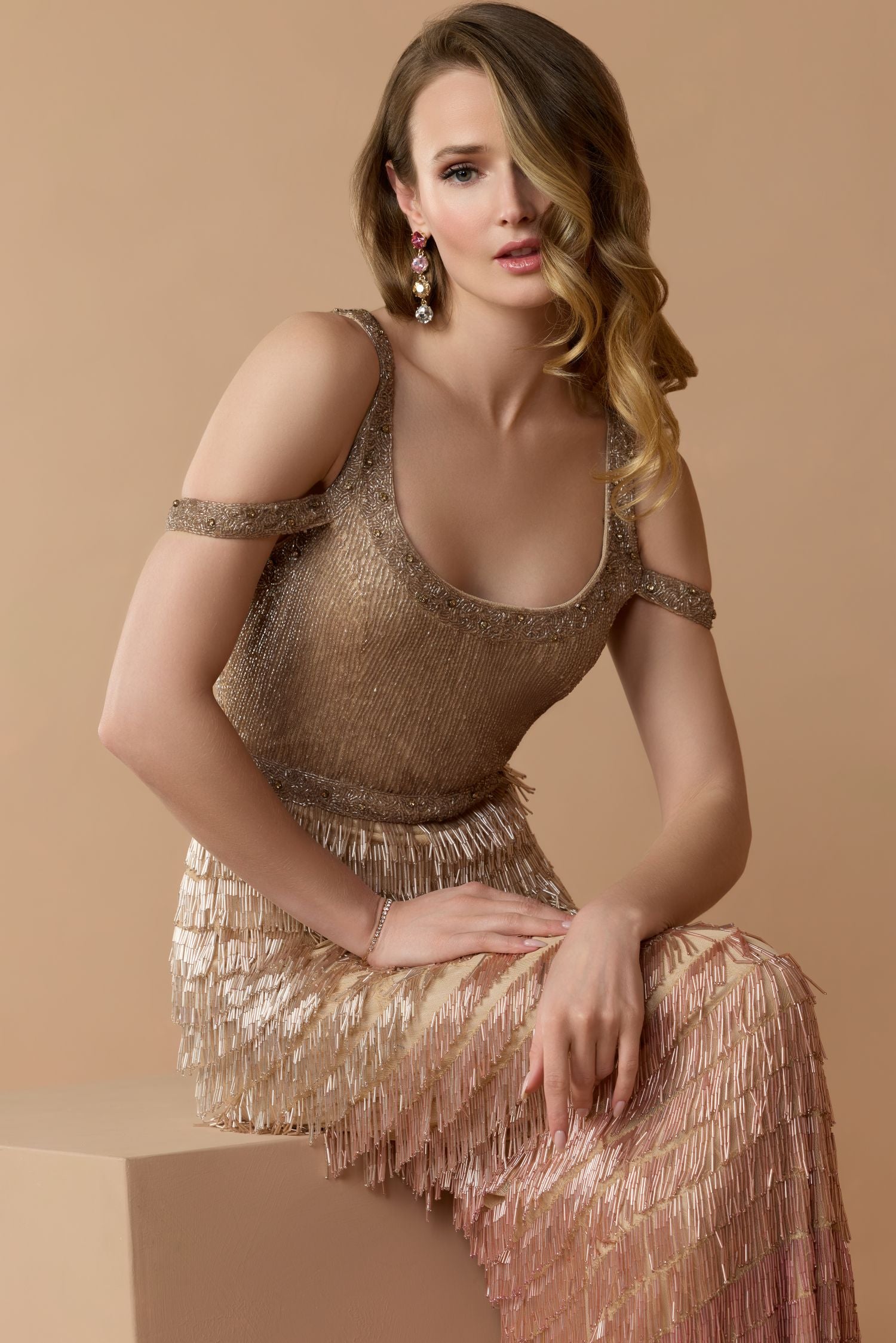 Pink Scoop Neck Embellished Fringe Gown