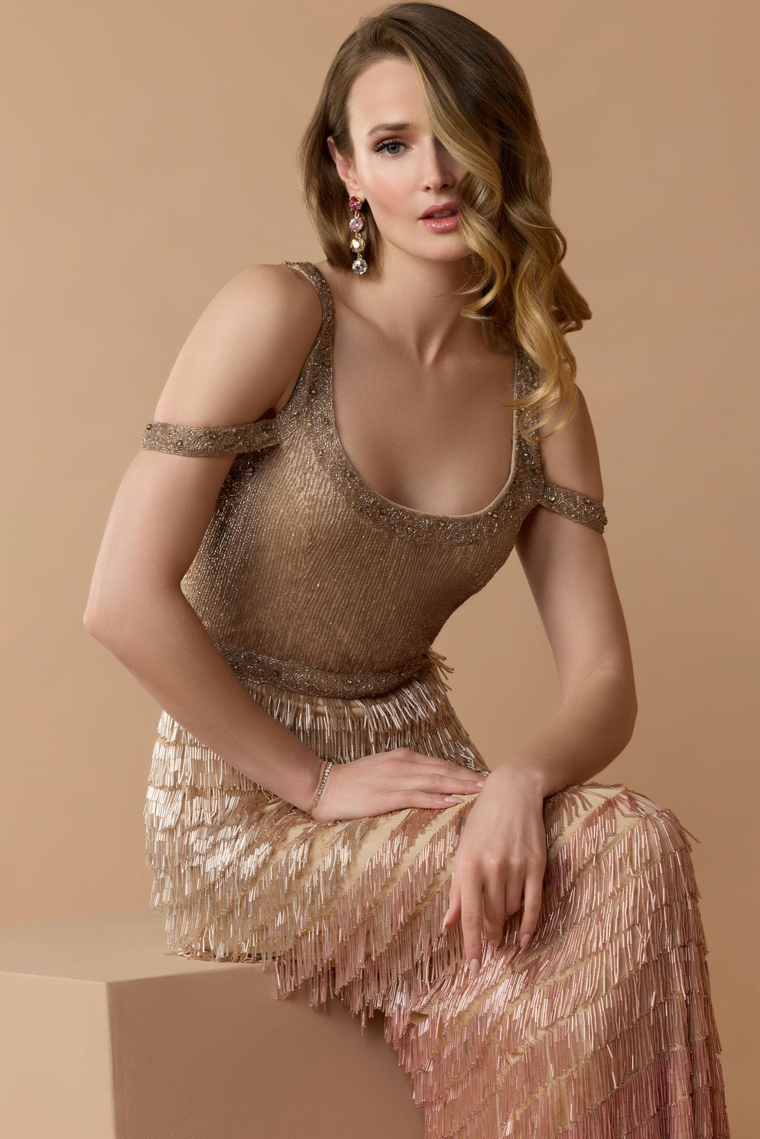 Pink Scoop Neck Embellished Fringe Gown