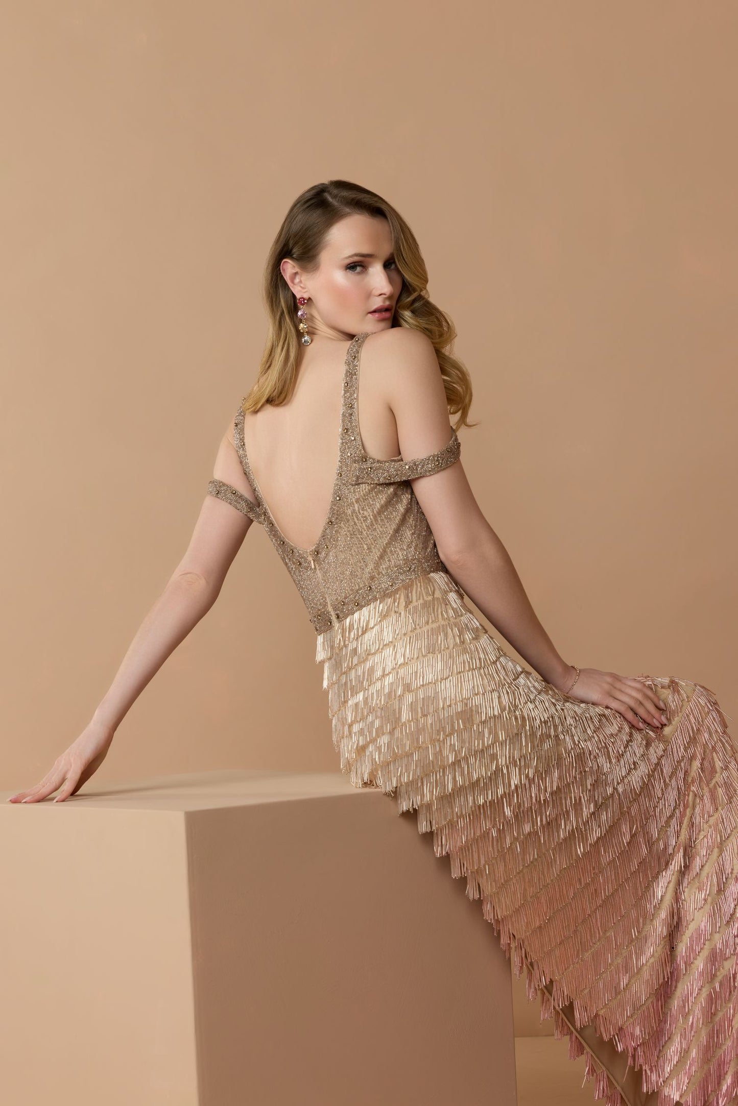 Pink Scoop Neck Embellished Fringe Gown