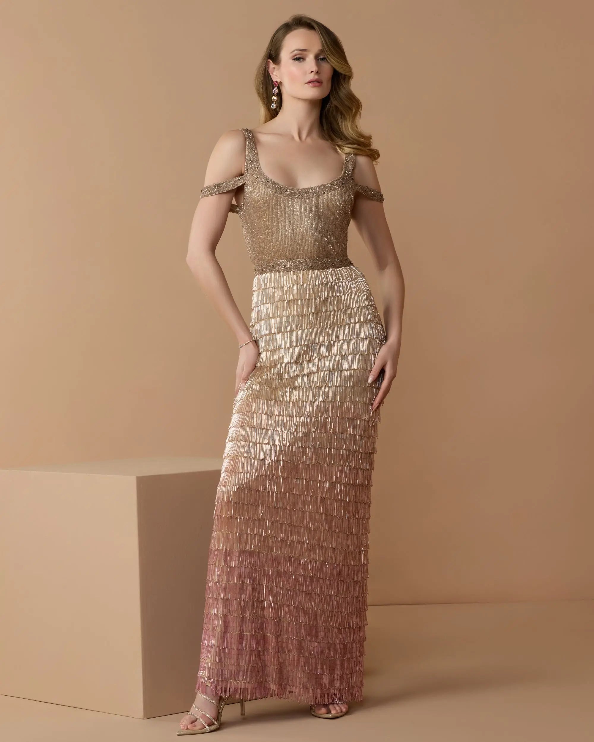 Beige V-Neck Column Gown with Fringe Embellishments - Mac Duggal Beige V-Neck Column Gown with Fringe Embellishments - Mac Duggal