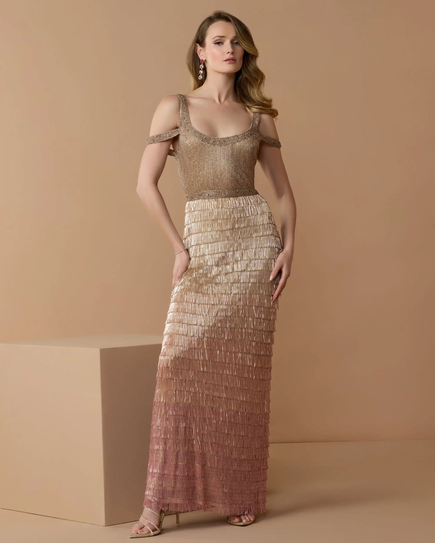 Pink Scoop Neck Embellished Fringe Ombre Gown - Mac Duggal