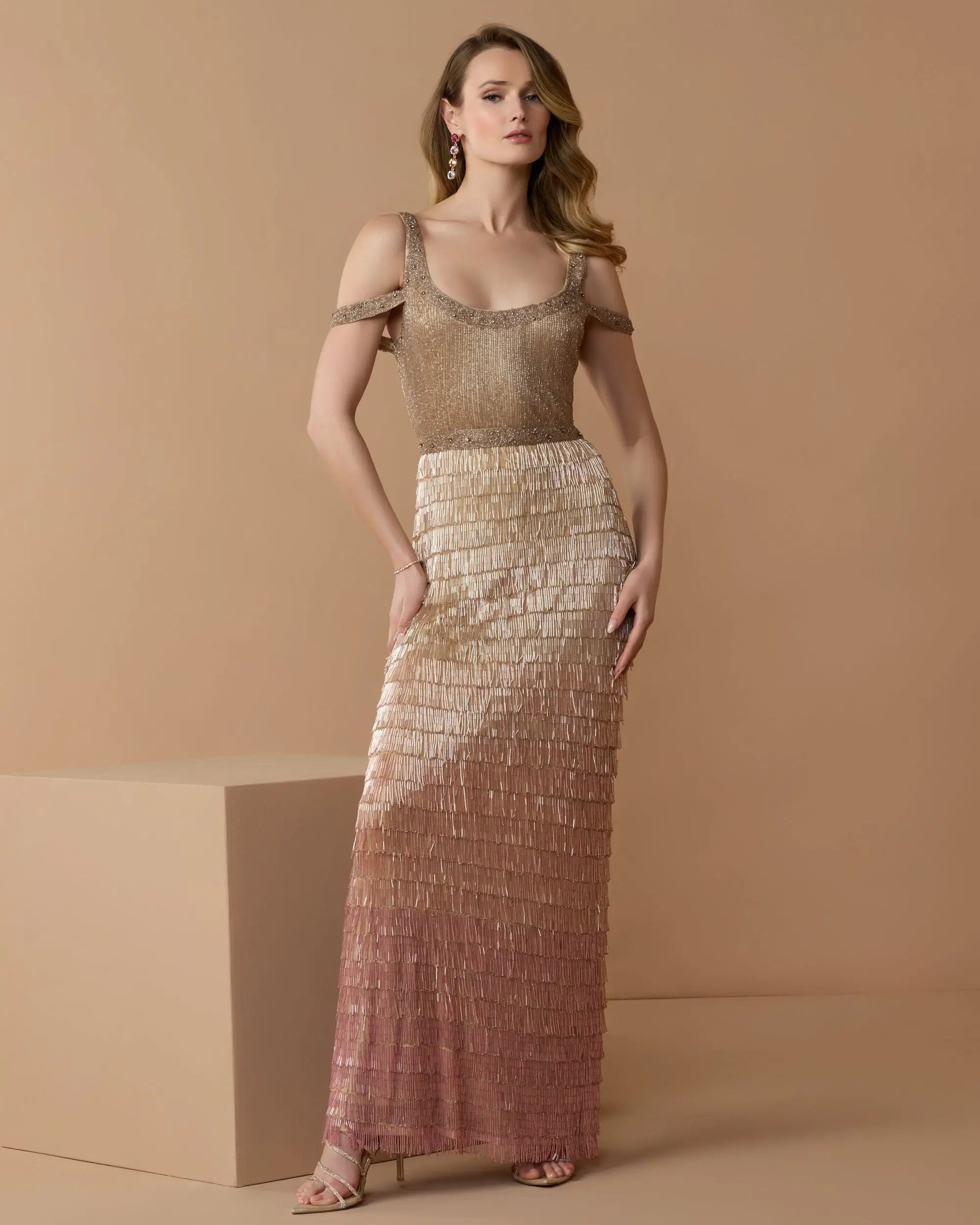 Pink Scoop Neck Embellished Fringe Ombre Gown - Mac Duggal