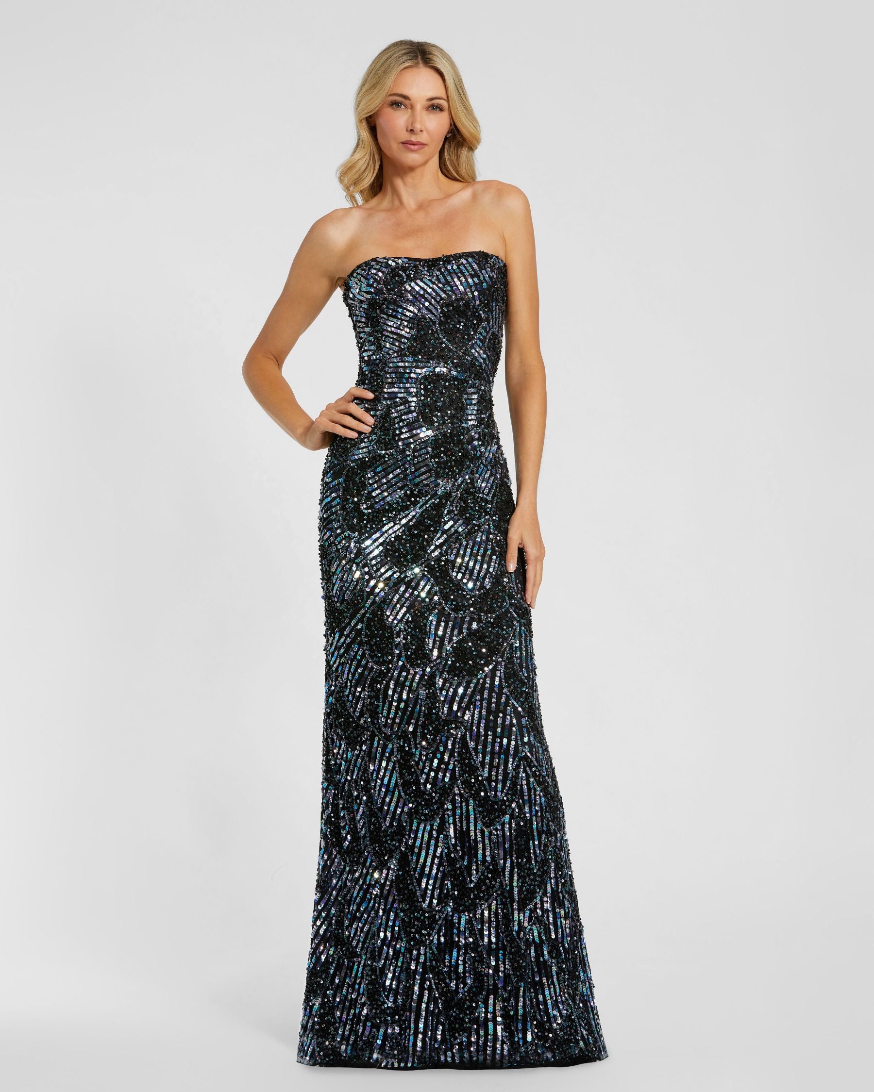 Black Multicolor Sequin Strapless Column Gown Mac Duggal
