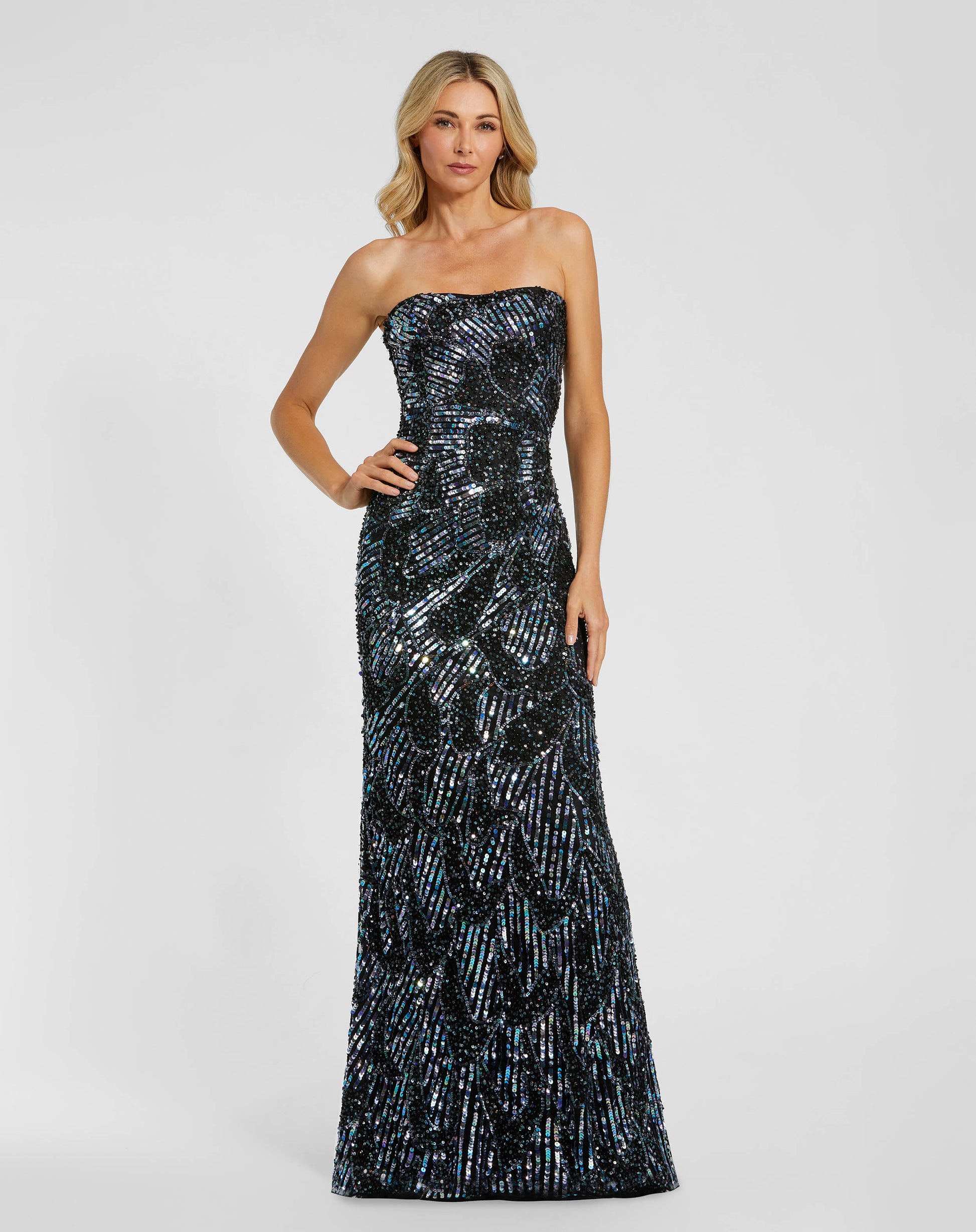 Black Multicolor Sequin Strapless Column Gown Mac Duggal