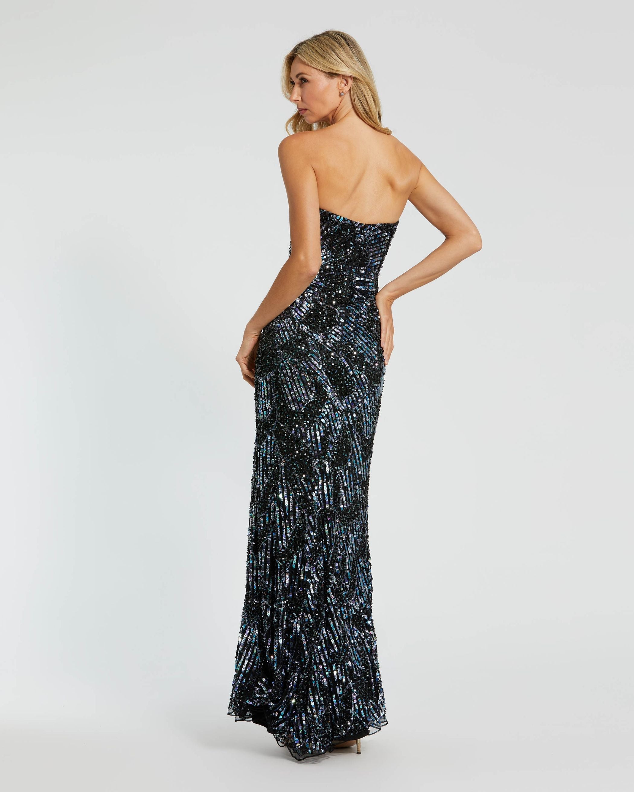 Black Multicolor Sequin Strapless Column Gown Mac Duggal