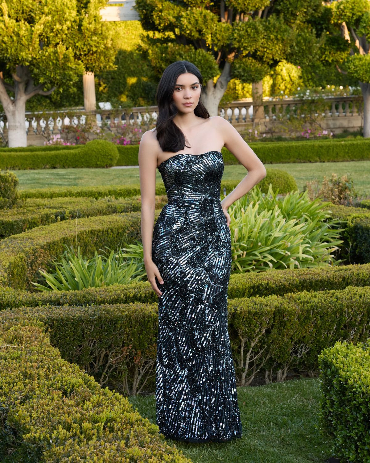 Black Multicolor Sequin Strapless Column Gown Mac Duggal