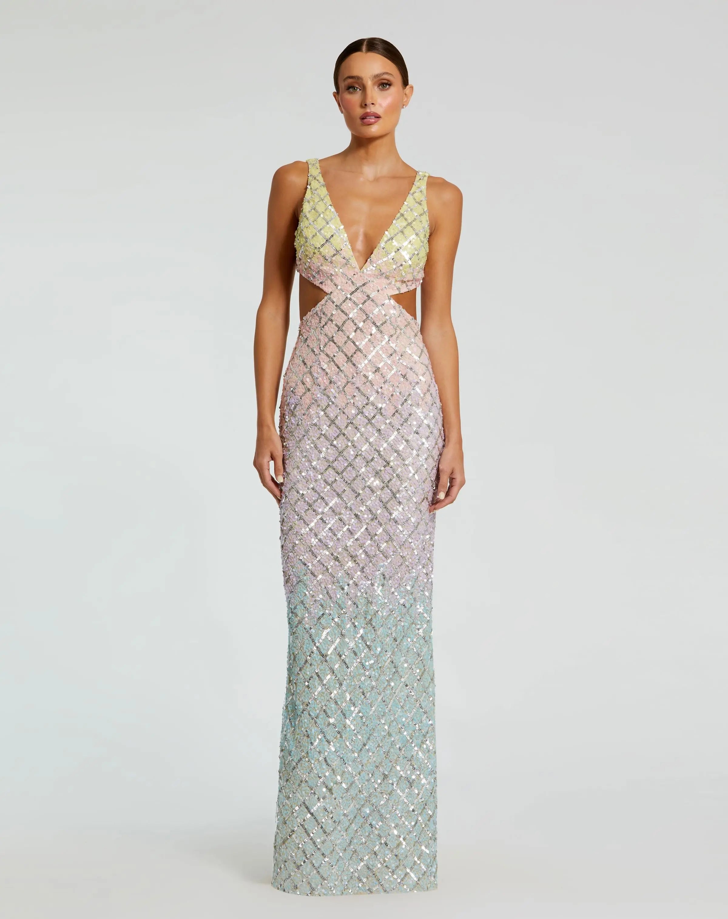 Multicolor V Neck Ombre Beaded Gown With Side Cut Outs - Mac Duggal