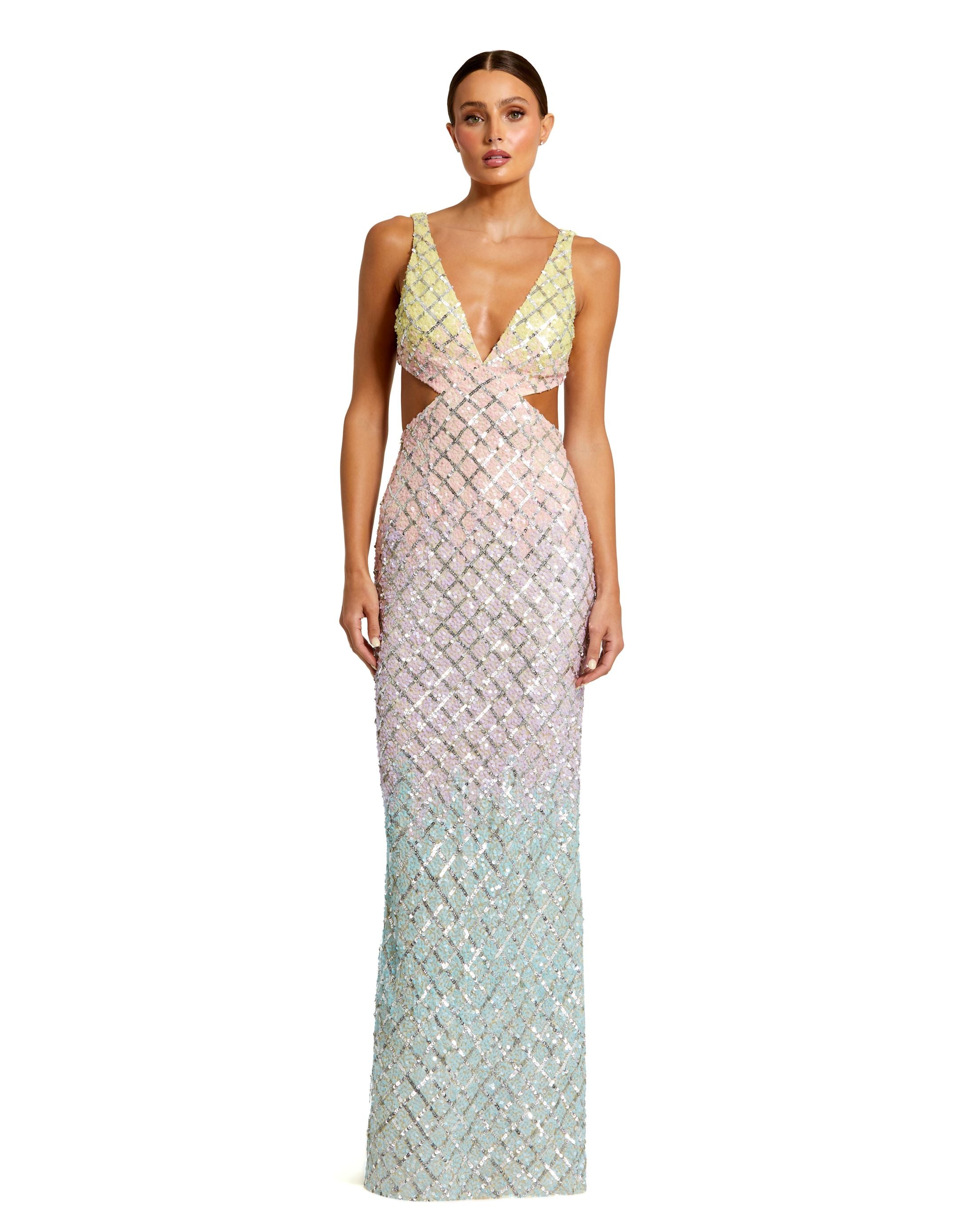 V Neck Ombre Beaded Gown With Side Cut Outs