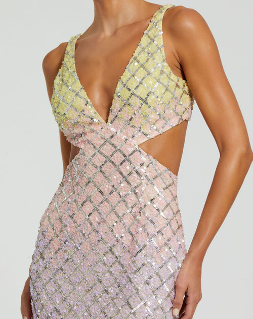 V Neck Ombre Beaded Gown With Side Cut Outs