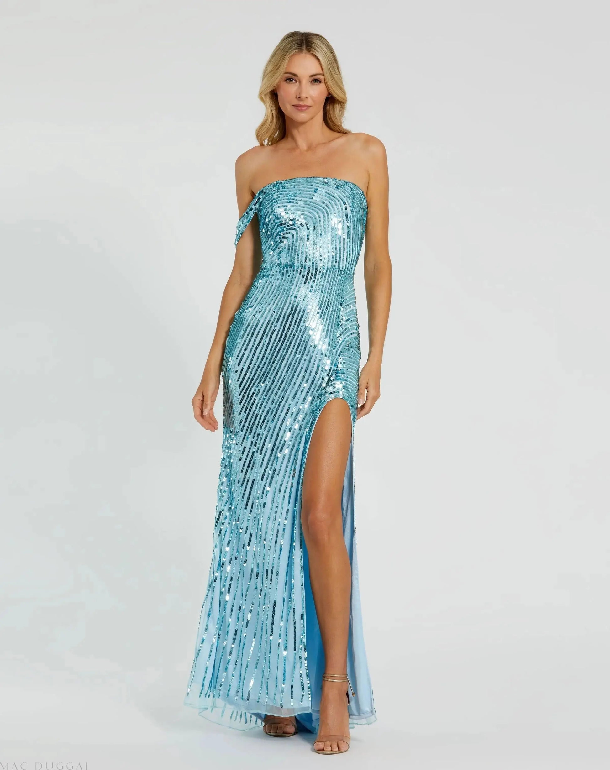 Blue One Shoulder Mesh Sequin Gown With Slit - Mac Duggal Blue One Shoulder Mesh Sequin Gown With Slit - Mac Duggal