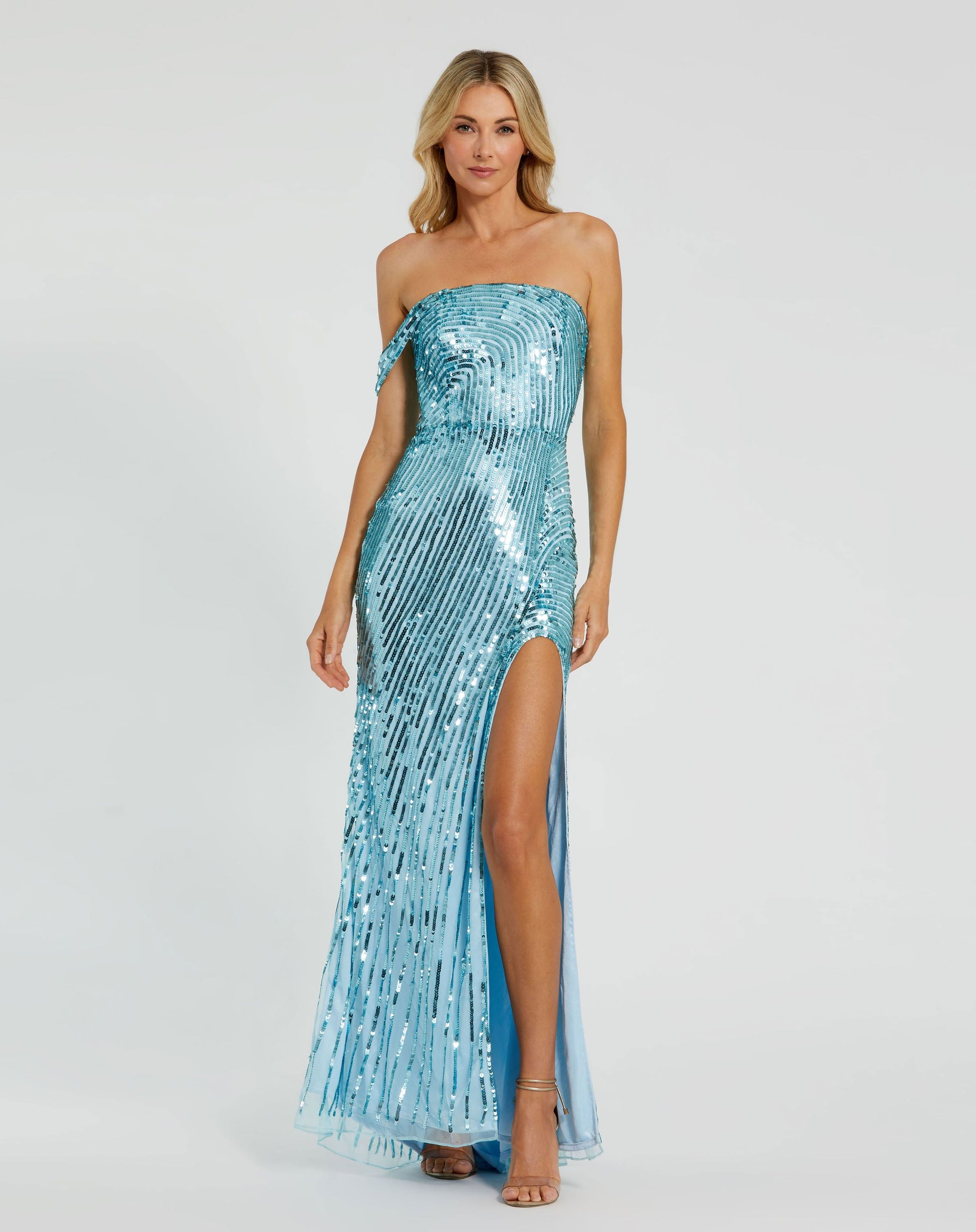 One Shoulder Mesh Sequin Gown With Slit