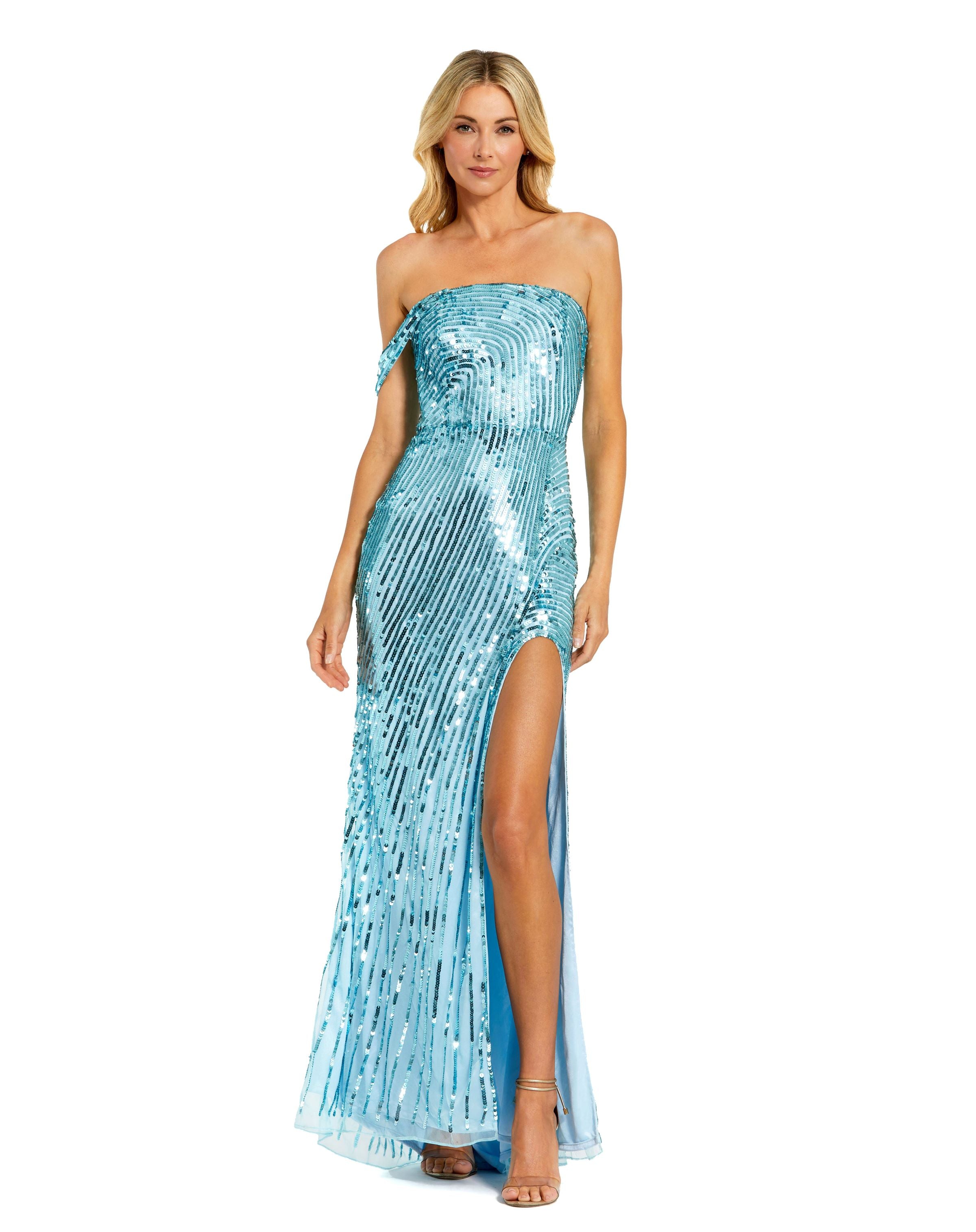 One Shoulder Mesh Sequin Gown With Slit