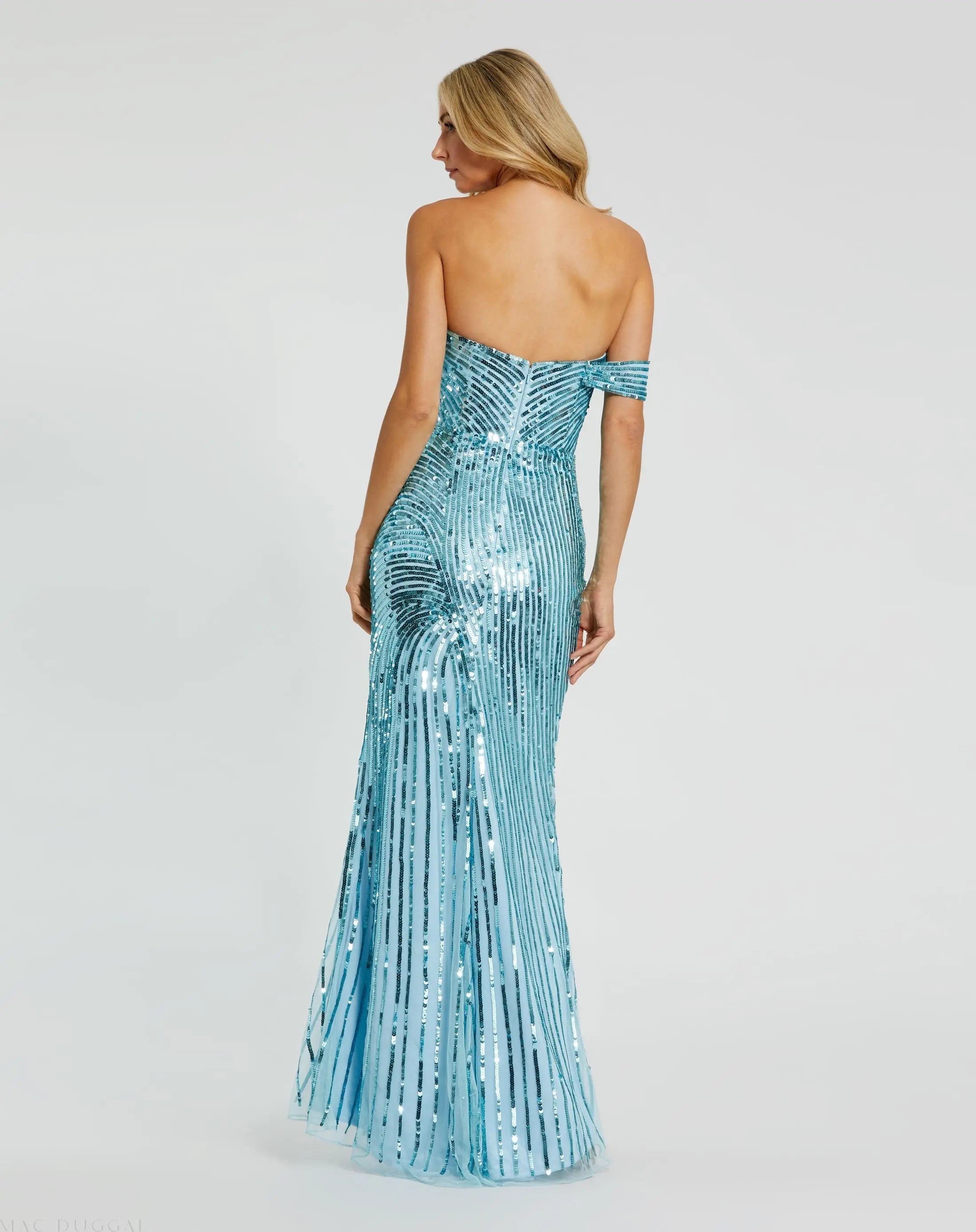 Blue One Shoulder Mesh Sequin Gown With Slit - Mac Duggal