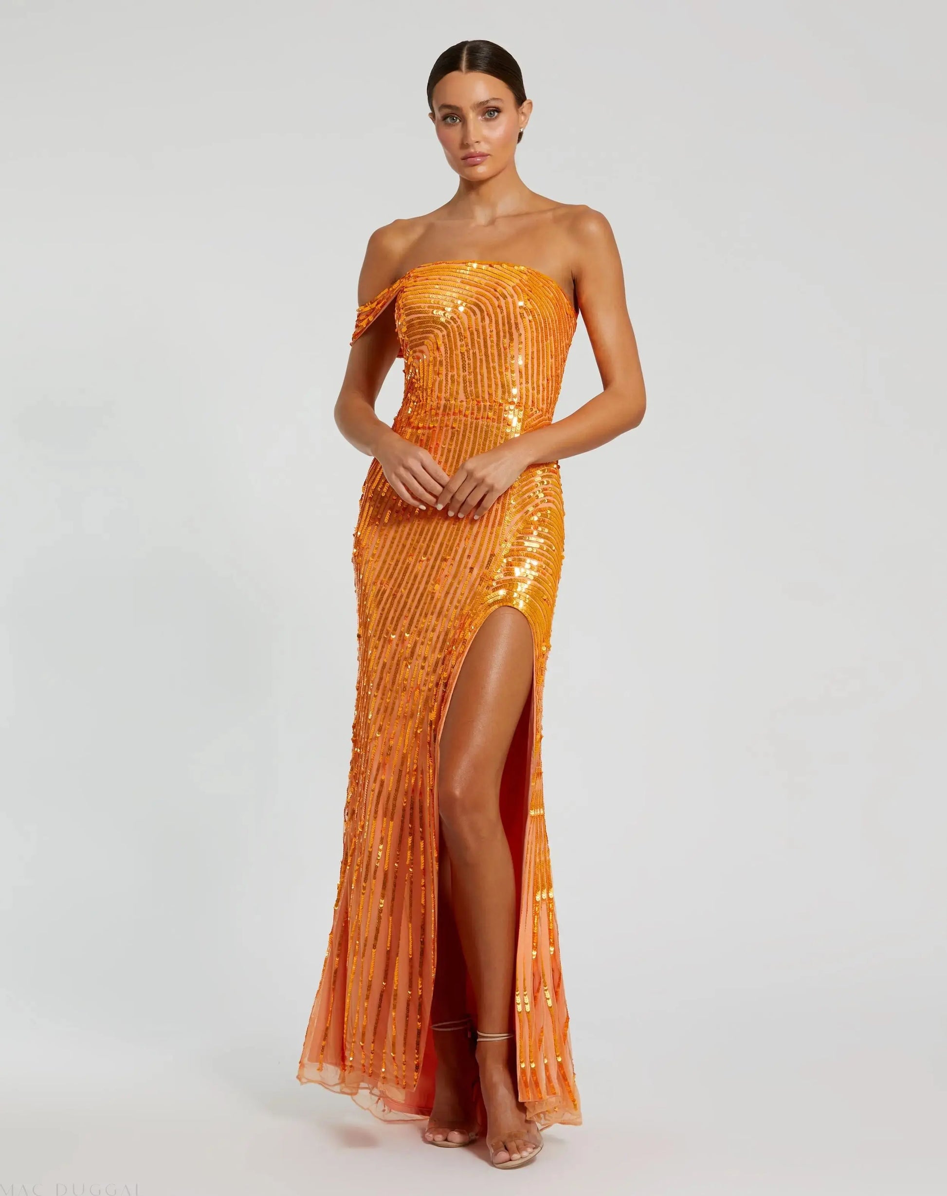 Orange One Shoulder Mesh Sequin Gown With Slit - Mac Duggal Orange One Shoulder Mesh Sequin Gown With Slit - Mac Duggal