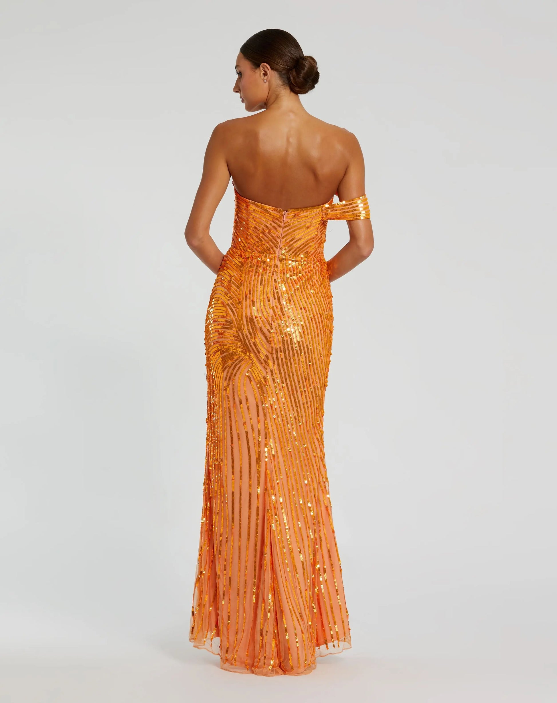 one shoulder mesh dress Orange One Shoulder Mesh Sequin Gown With Slit